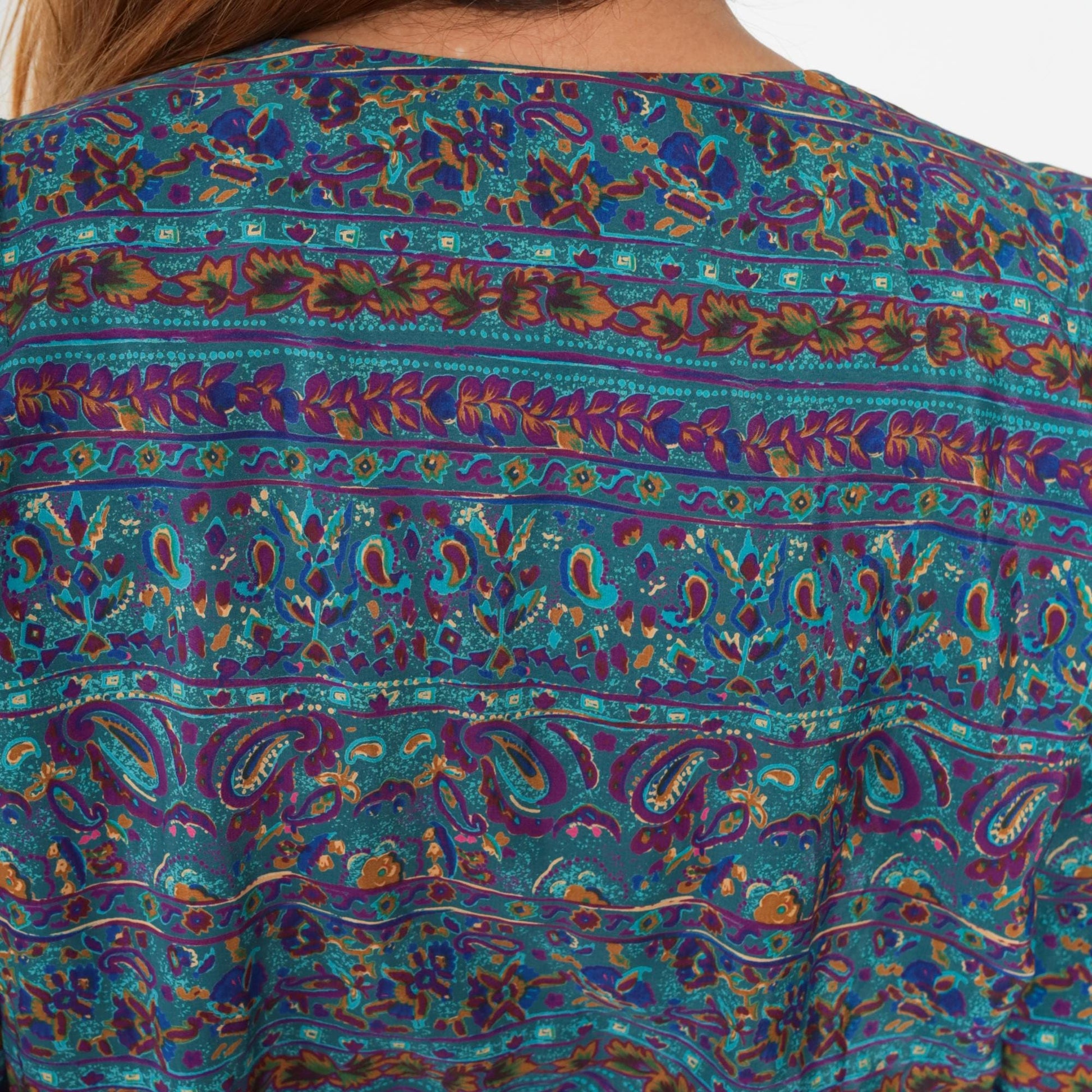 80s Blue Paisley Striped Midi Dress Puff Sleeve High Waisted Button Up Medium