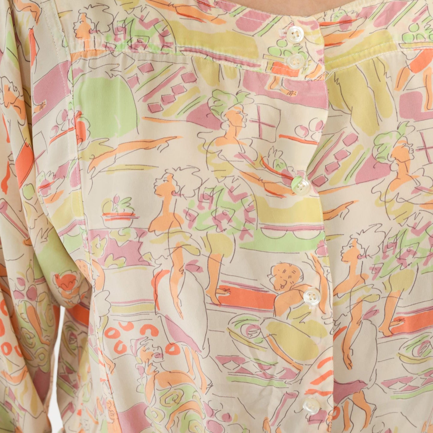 90s Hyper New York Silk Midi Dress Abstract People Print Pastel Medium M