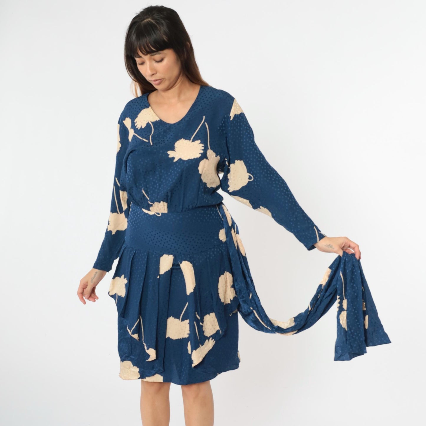 80s Liancarlo Per Cache Silk Midi Dress Navy Floral Peplum Small 4