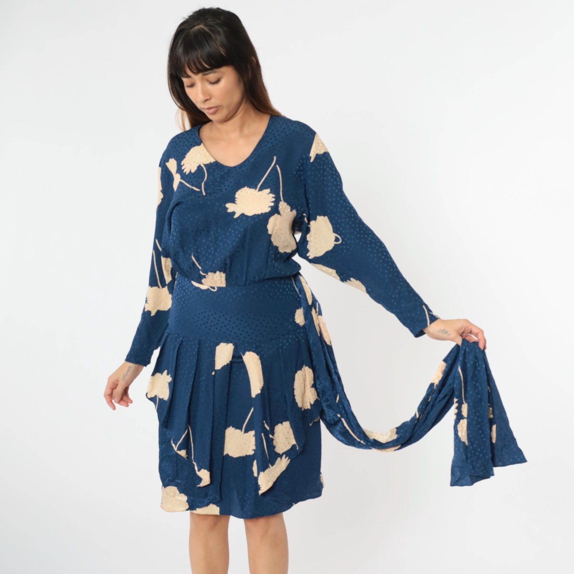 80s Liancarlo Per Cache Silk Midi Dress Navy Floral Peplum Small 4