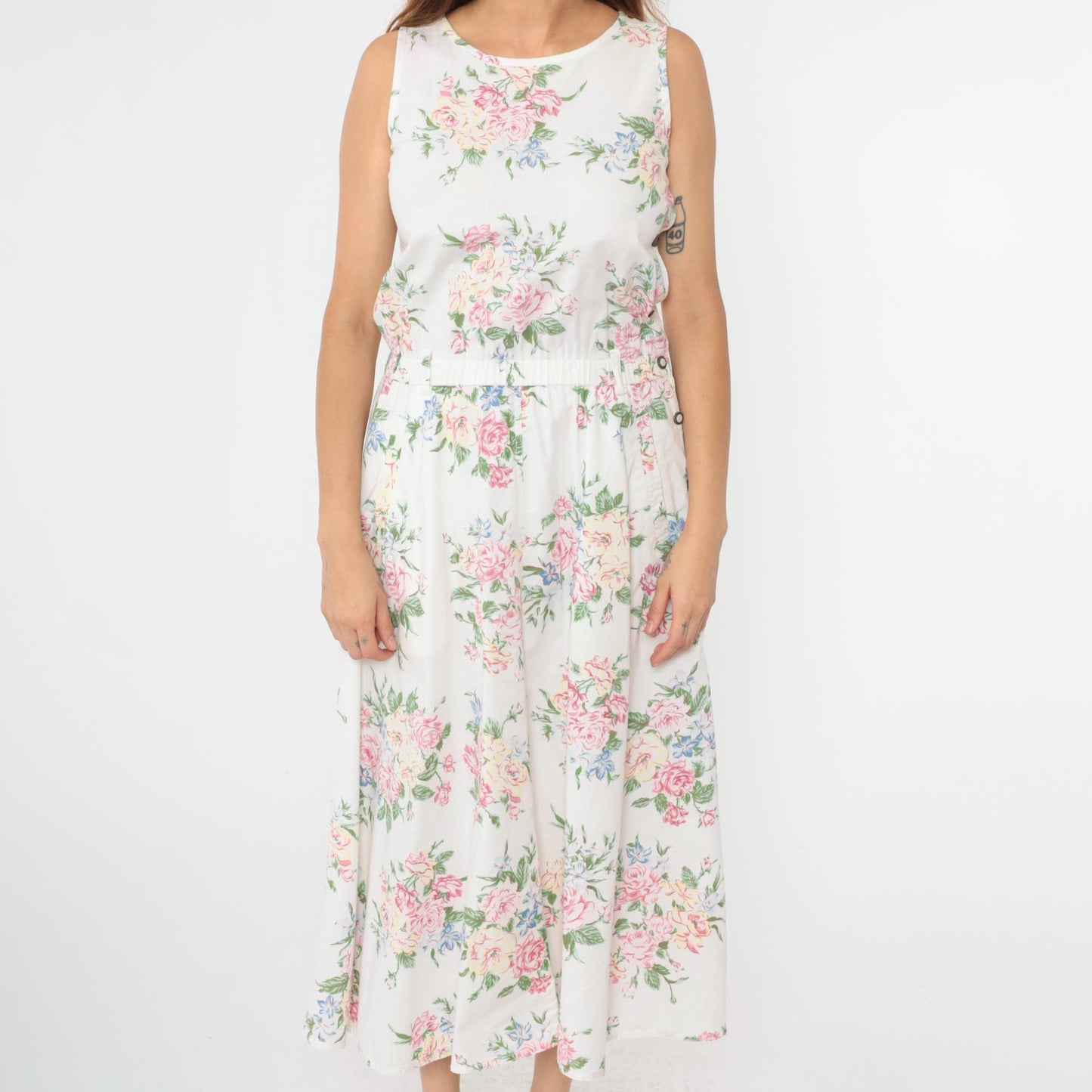 90s Liz Wear Floral Midi Dress White Pastel High Waist Sleeveless Small Petite