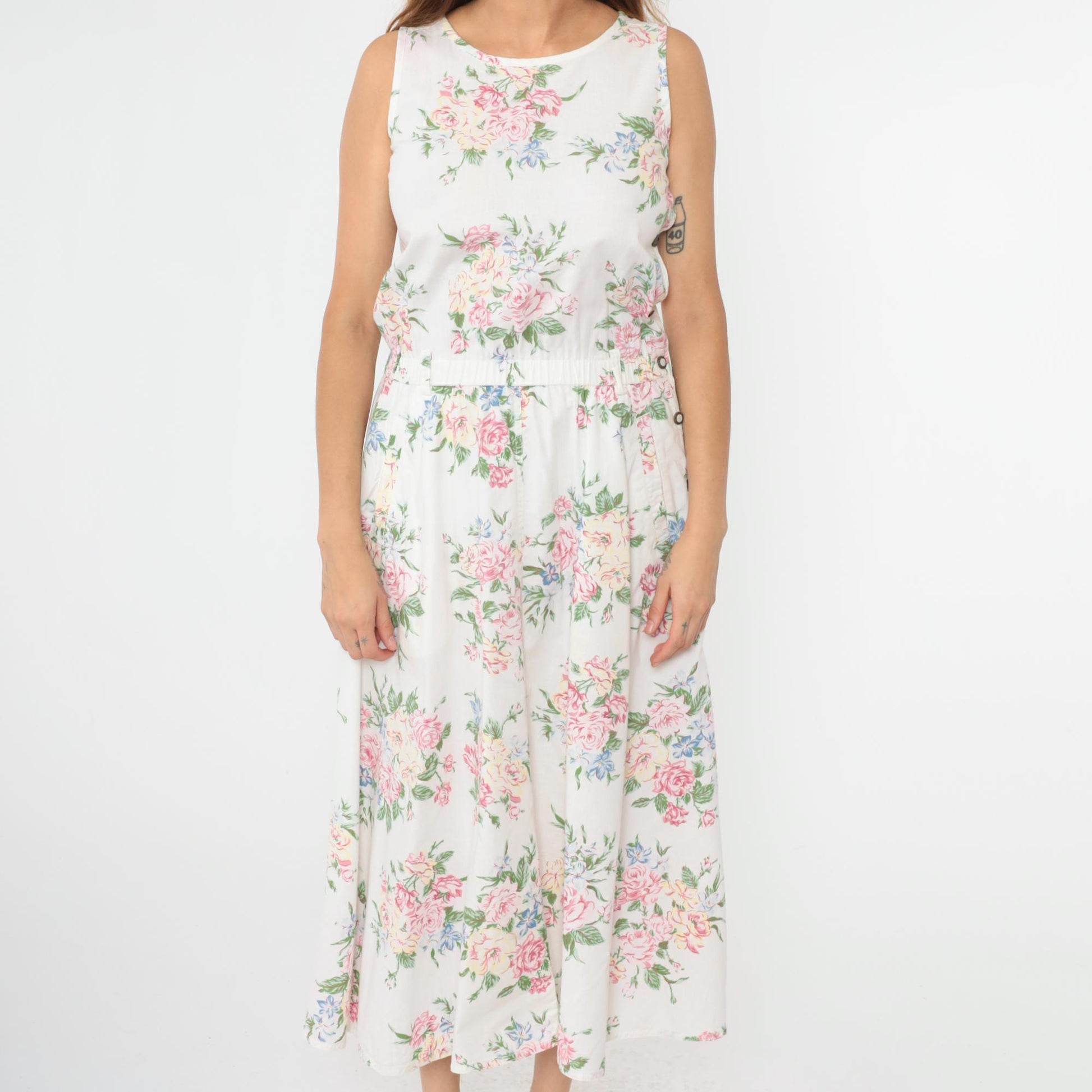 90s Liz Wear Floral Midi Dress White Pastel High Waist Sleeveless Small Petite