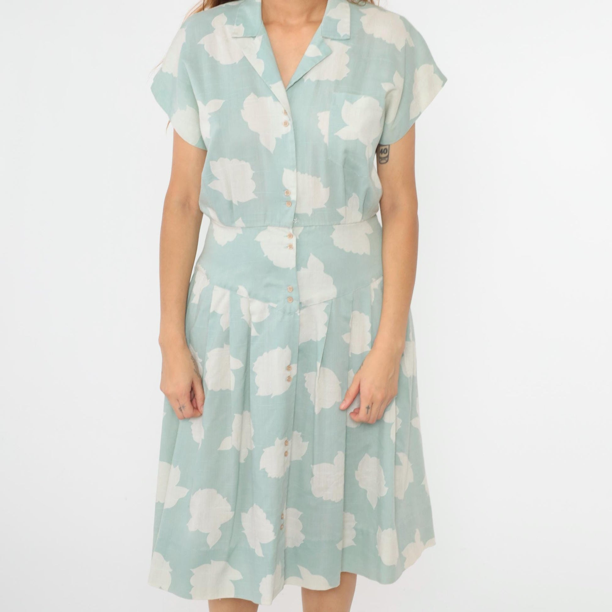 80s Seafoam Floral Midi Dress Button-Up Collared Short Sleeve Small Medium