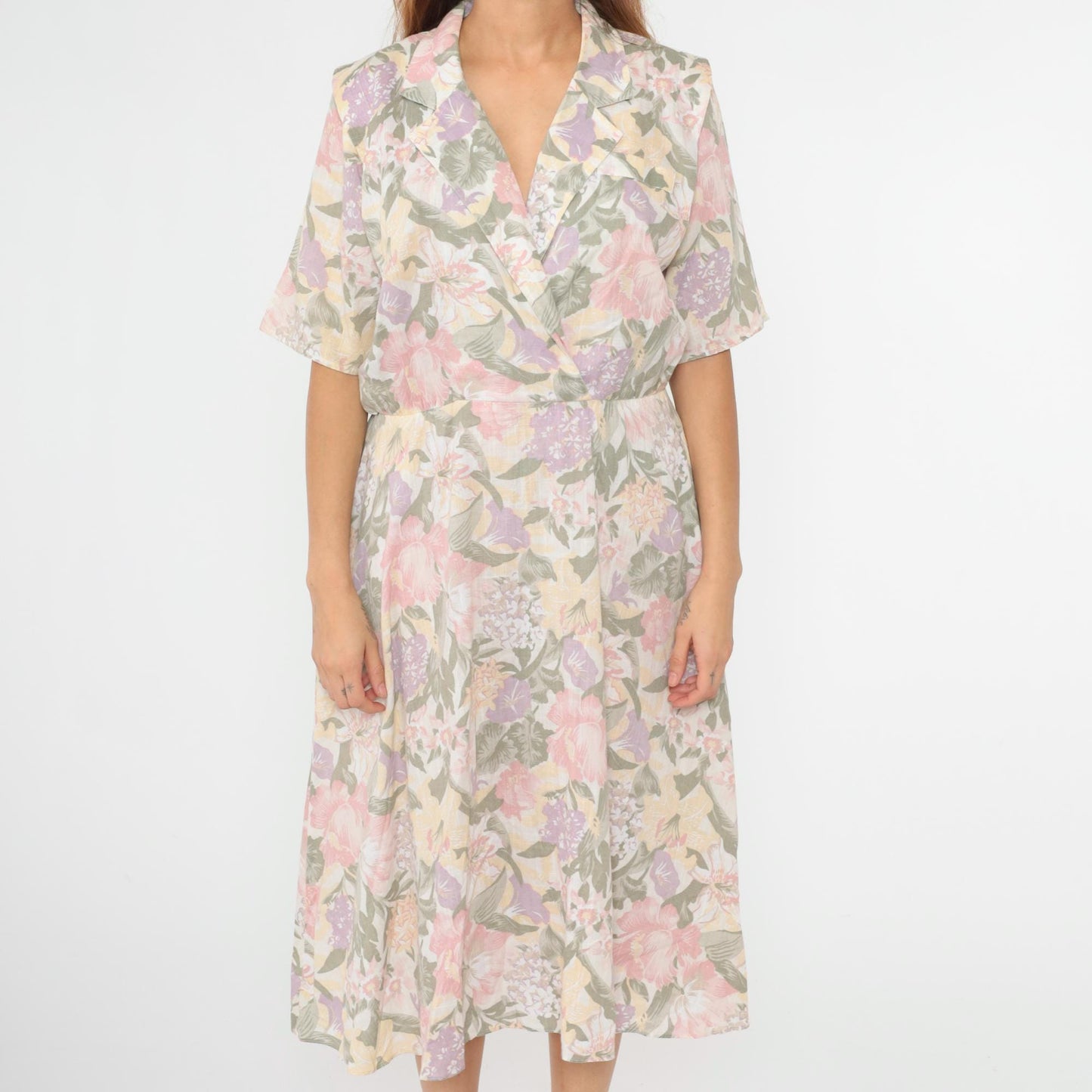 80s Floral Midi Dress High Waisted V Neck Short Sleeve Faux Wrap Medium