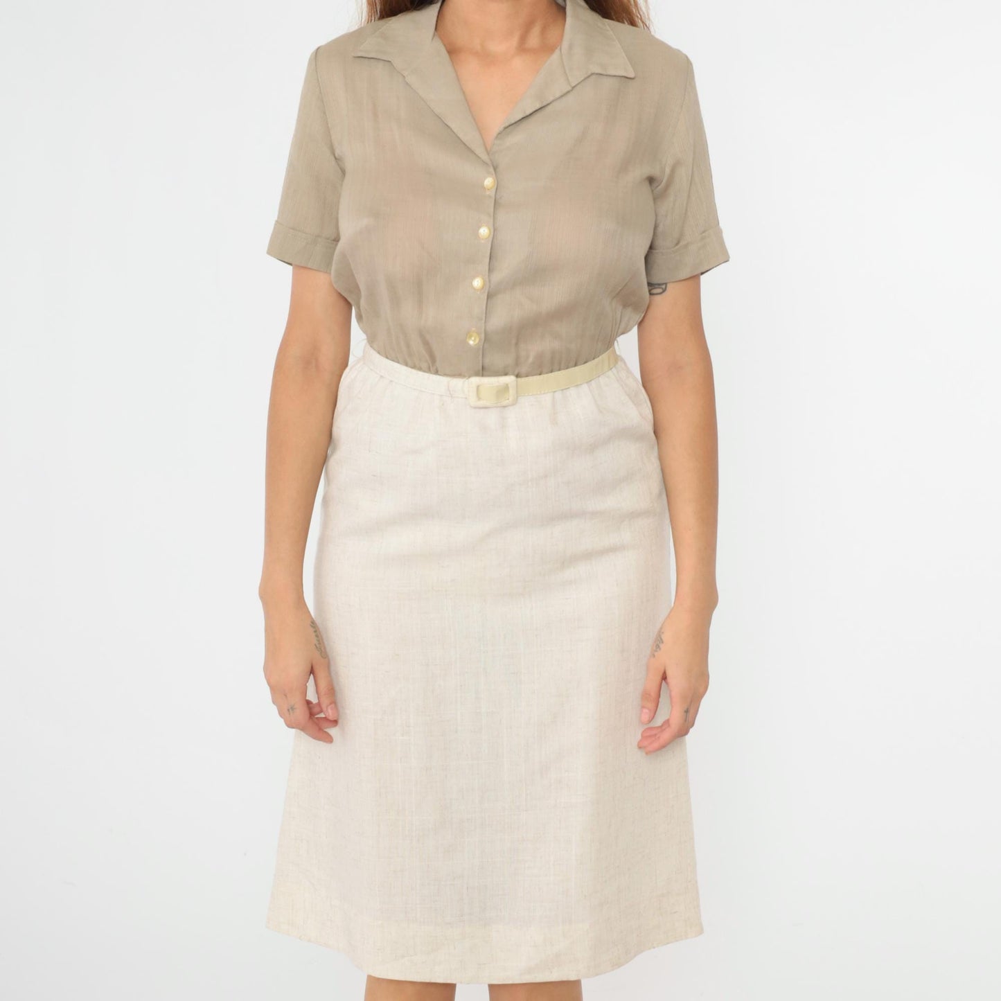 80s Taupe Button-Up Midi Shirtdress High-Waisted Cream Pencil Skirt Small