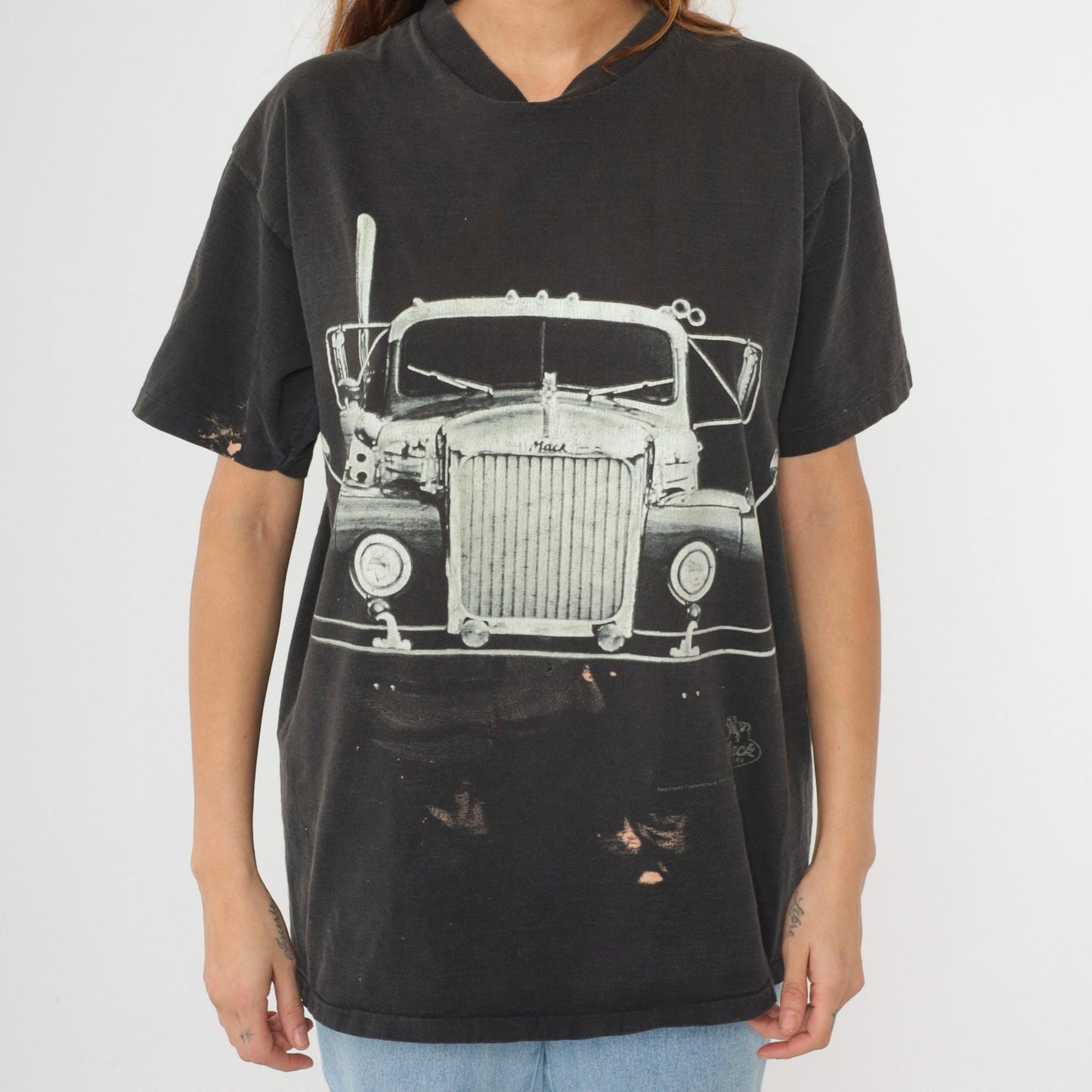 90s Mack Truck Graphic T-Shirt Distressed Black Cotton Tee Extra Large XL