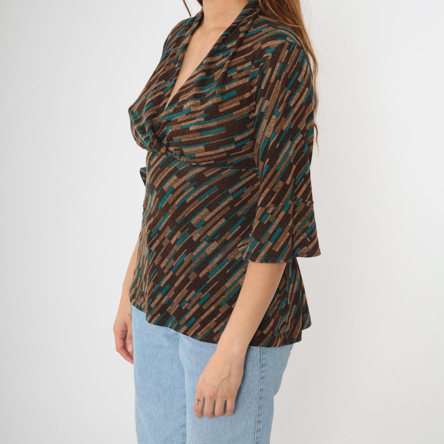 Y2K Briggs New York Striped Blouse Empire Waist Deep V Neck Brown Teal Large Petite