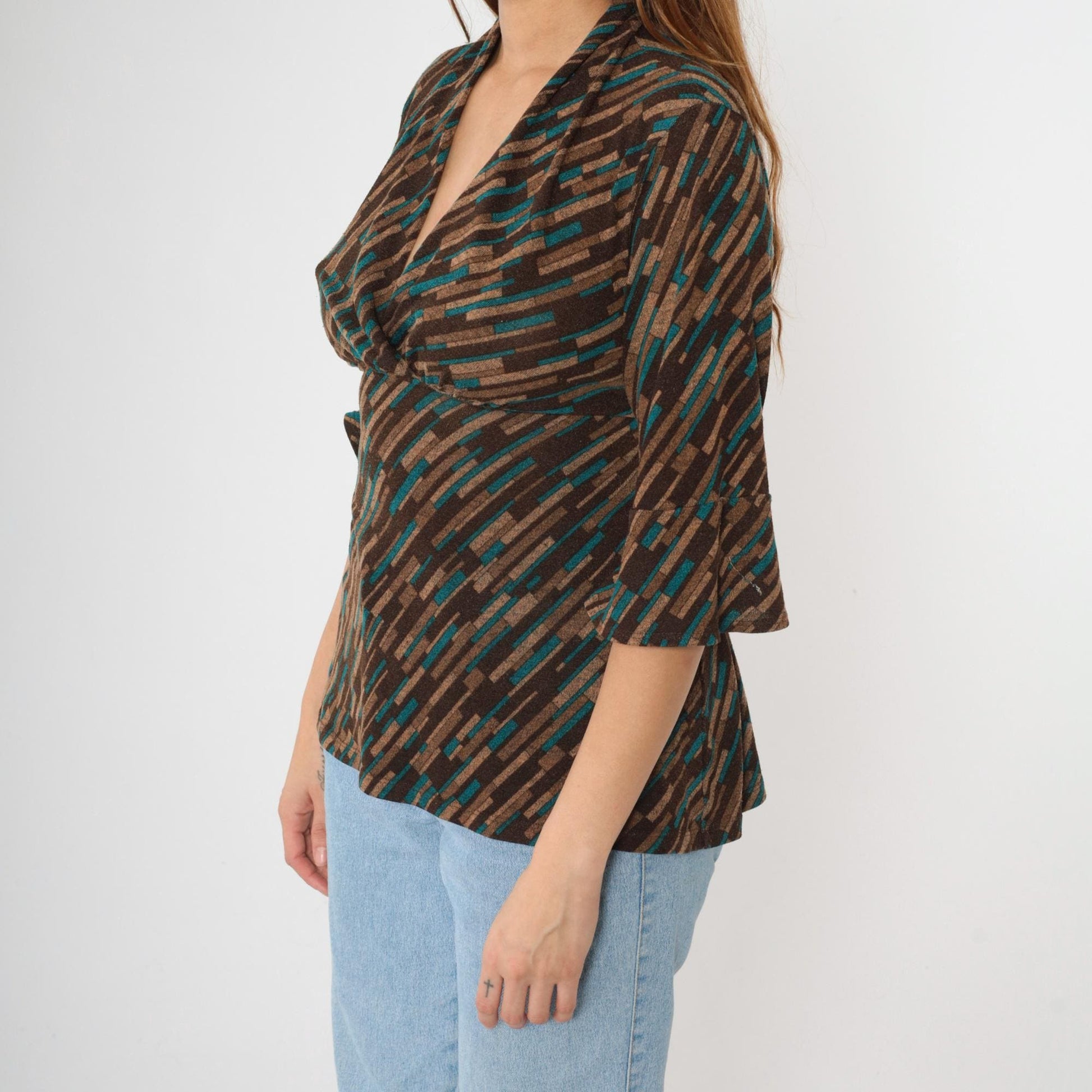 Y2K Briggs New York Striped Blouse Empire Waist Deep V Neck Brown Teal Large Petite