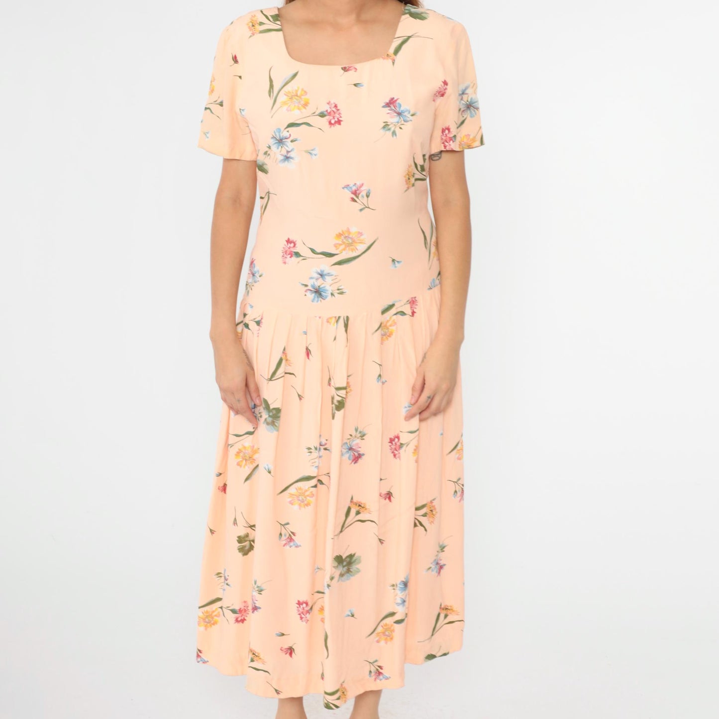90s Talbots Peach Floral Maxi Dress Drop Waist Pleated Button Back Large