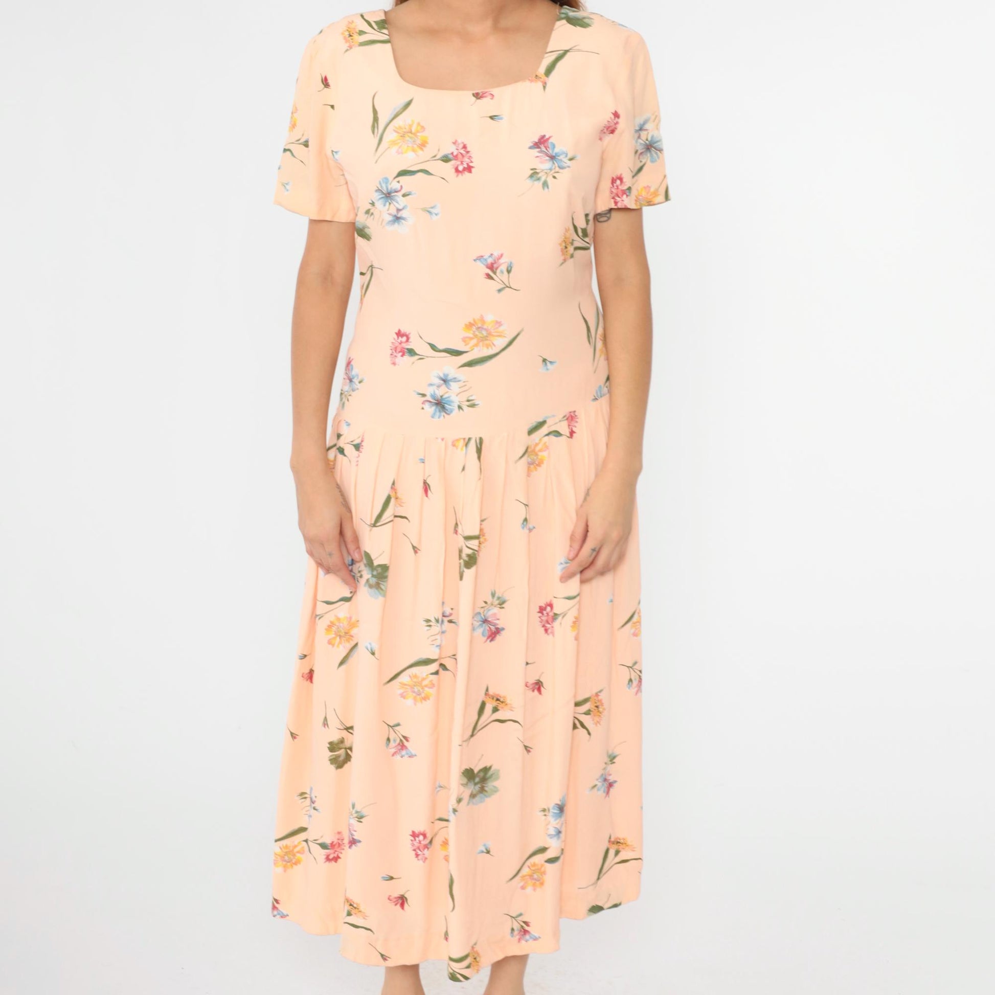 90s Talbots Peach Floral Maxi Dress Drop Waist Pleated Button Back Large