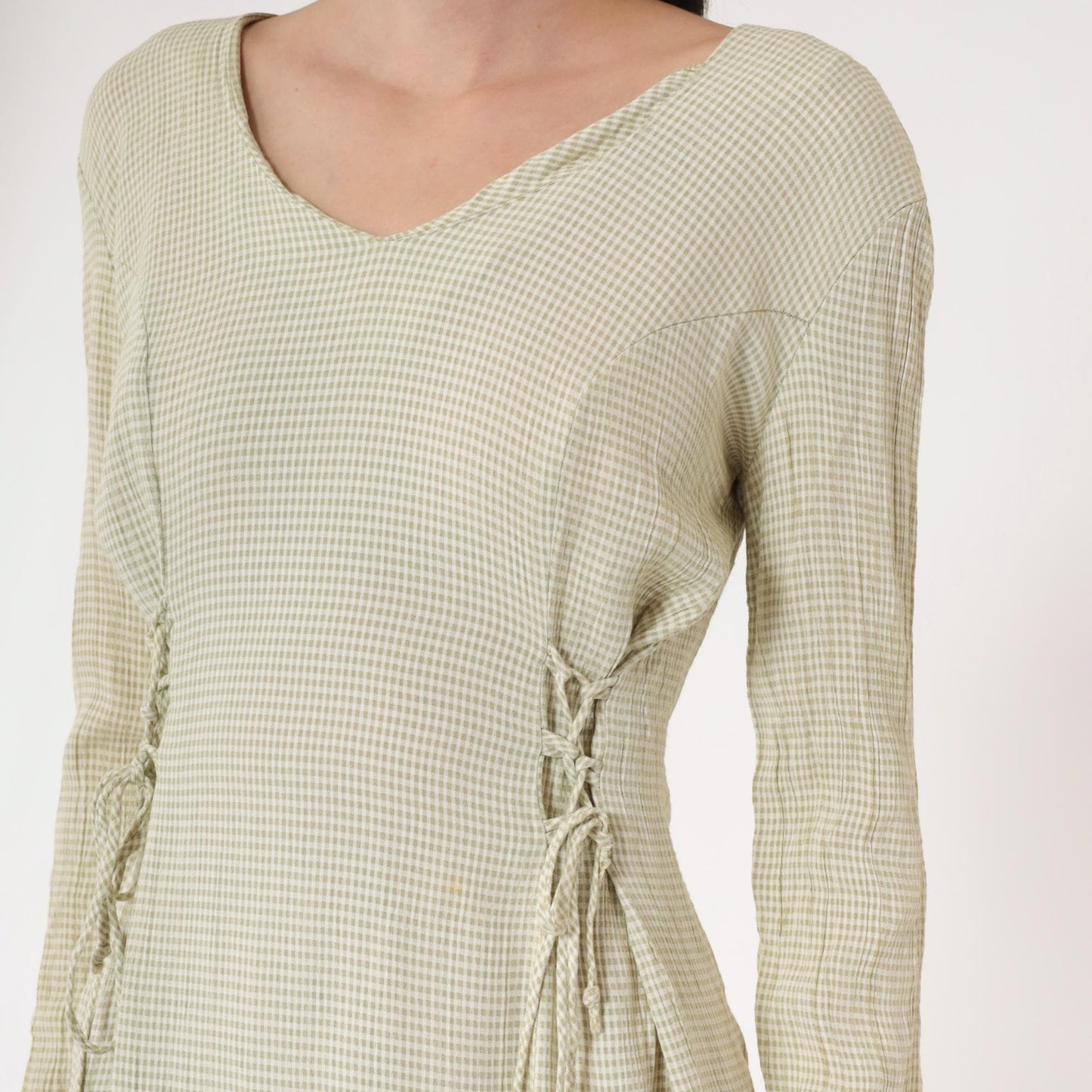 90s Sage Green Gingham Midi Dress Lace-Up Sides Princess Seams Small
