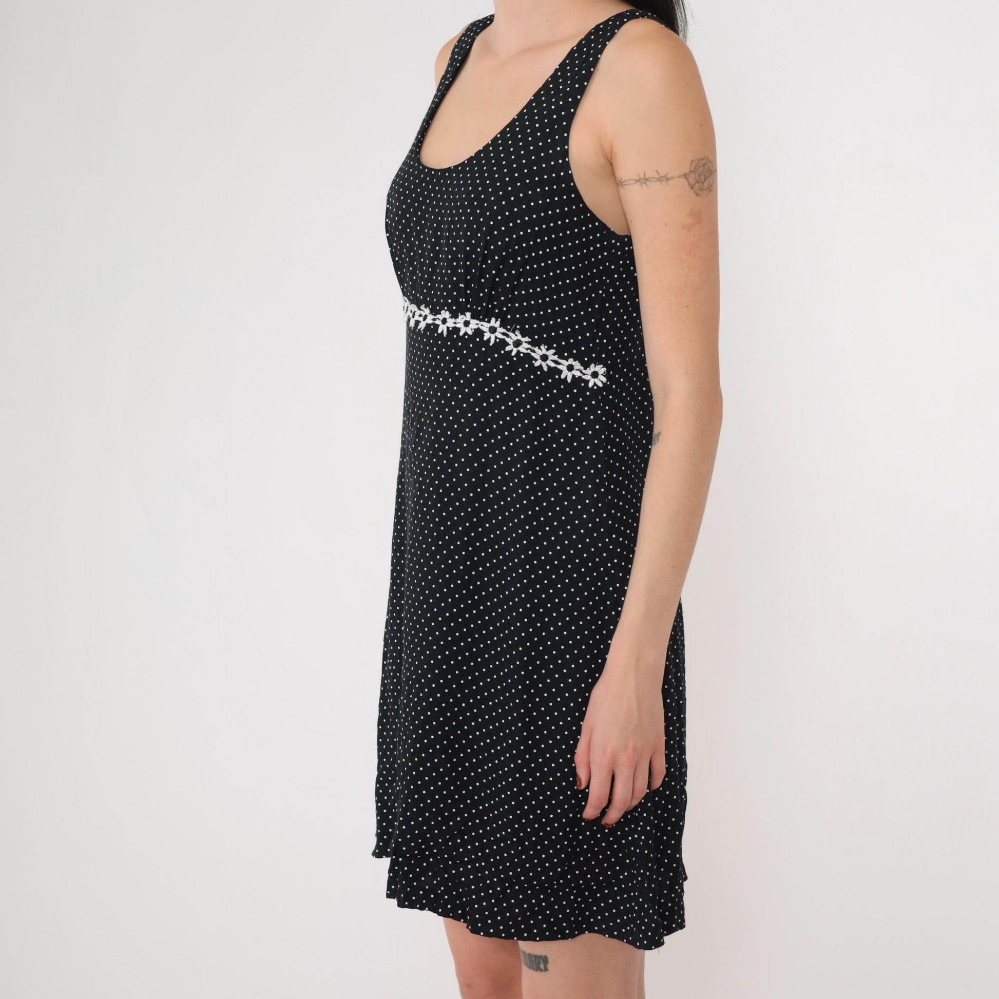 90s Black and White Polka Dot Mini Dress Empire Waist Daisy Trim Small