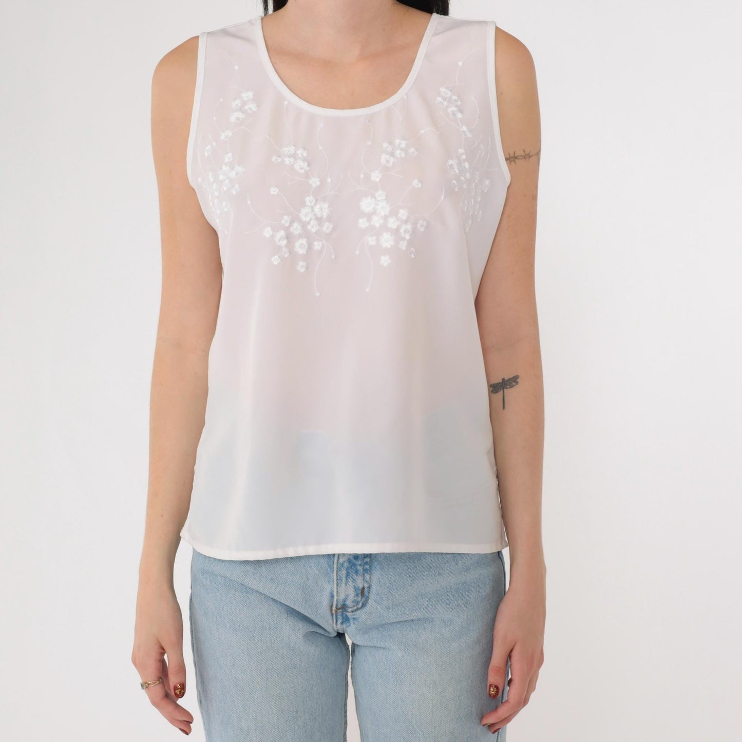 90s Yves St. Clair White Floral Embroidered Tank Top Scoop Neck Petite Medium