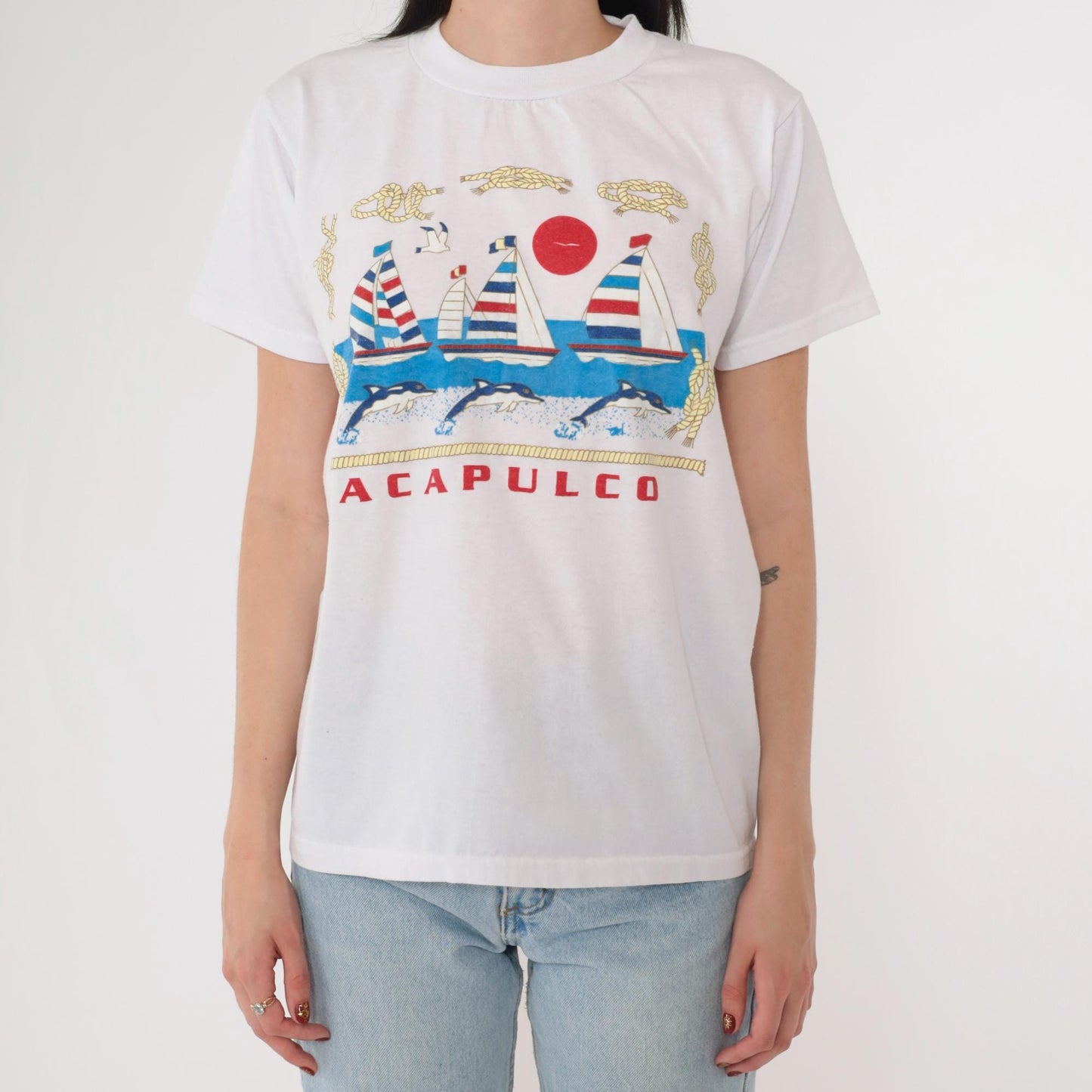 90s Acapulco Mexico Dolphin Nautical Graphic T-Shirt White Medium