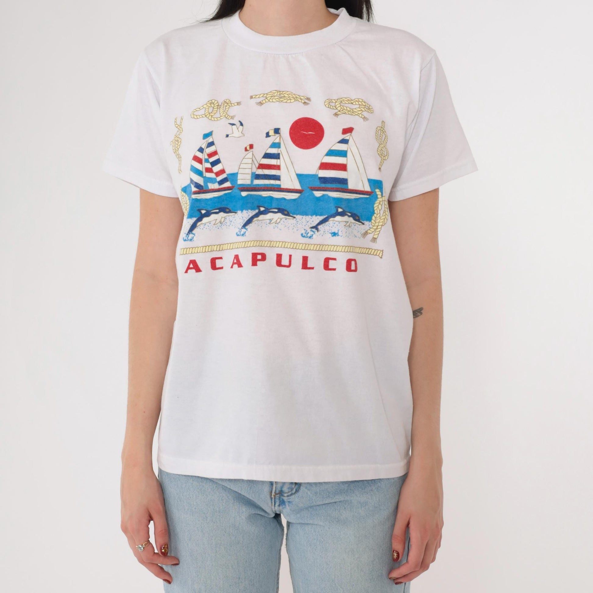 90s Acapulco Mexico Dolphin Nautical Graphic T-Shirt White Medium