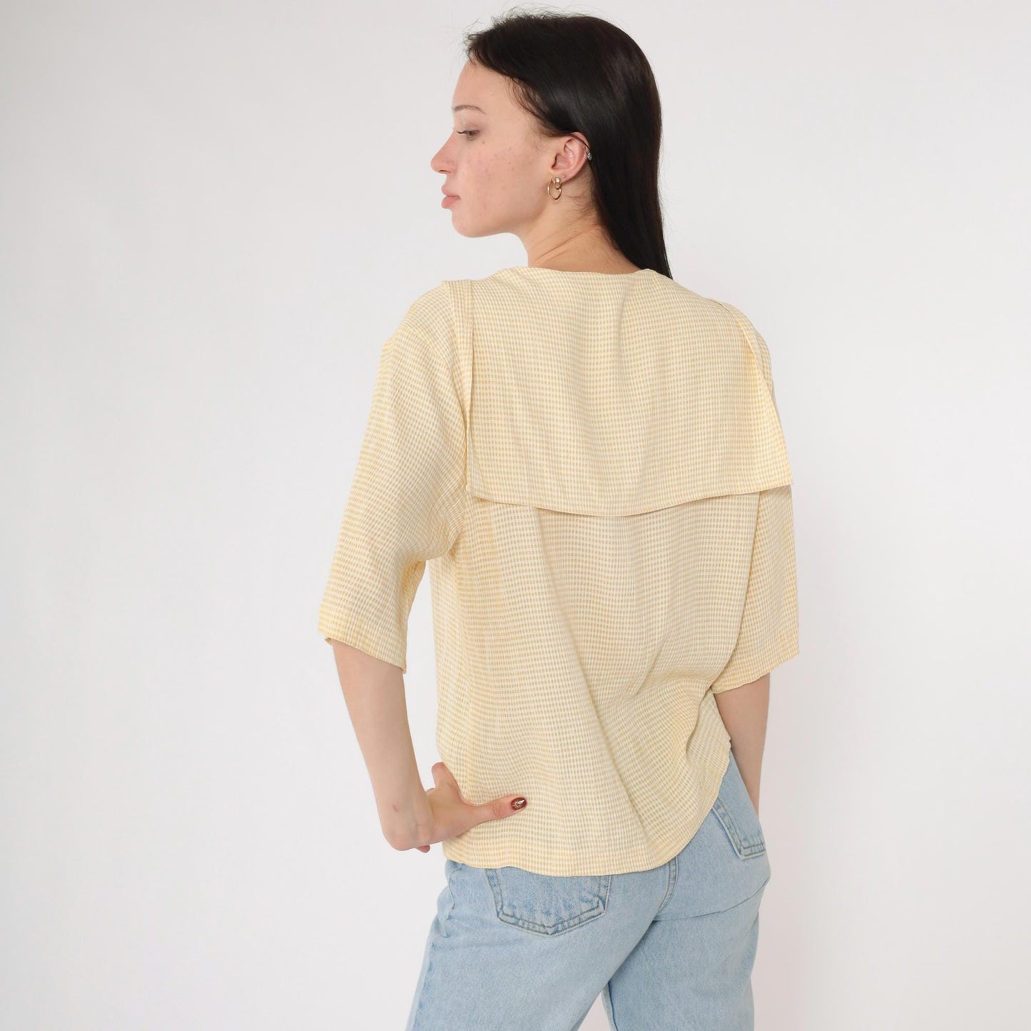 90s Yellow Gingham Sailor Collar Button-Up Blouse Half Sleeve Medium