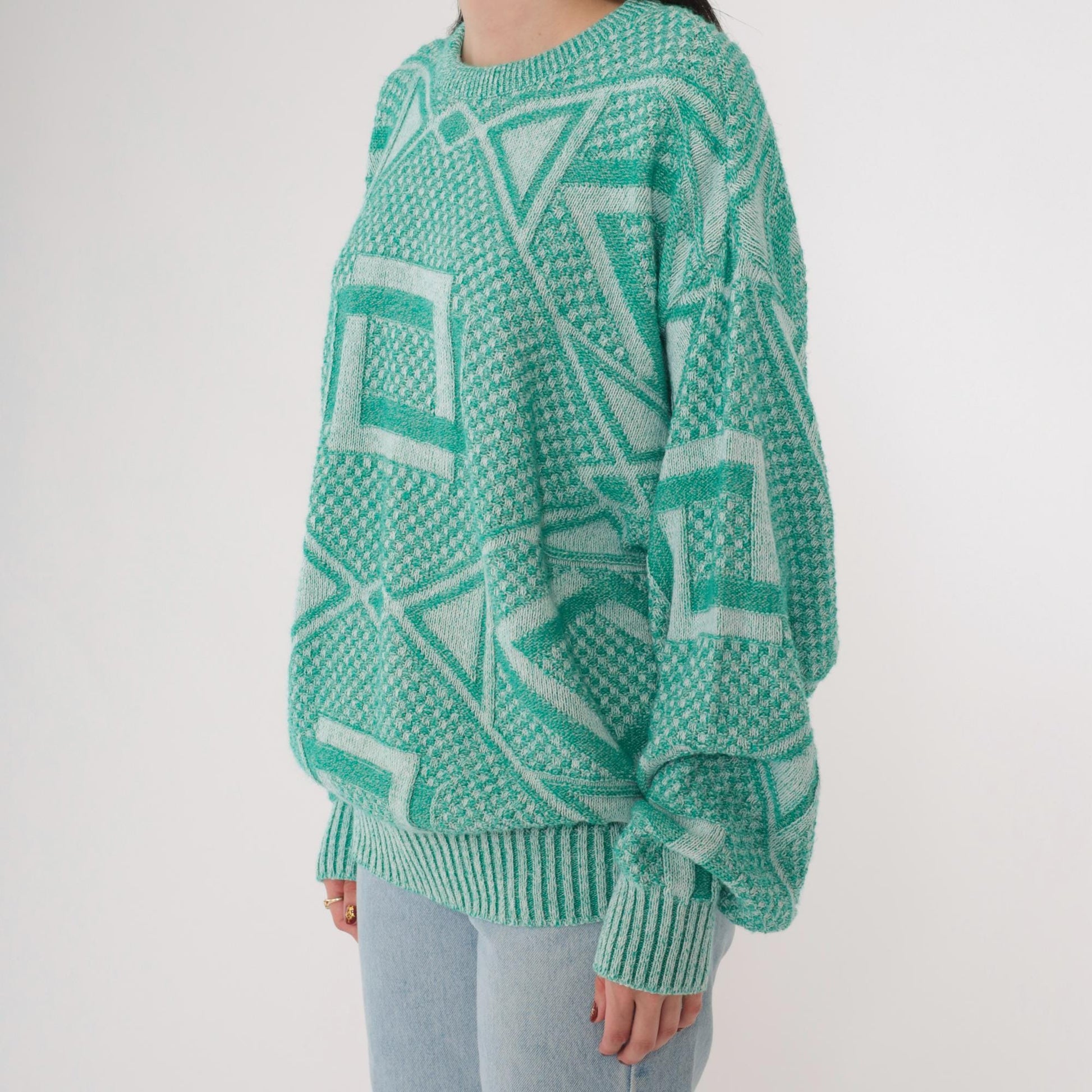90s Jantzen Geometric Knit Sweater Green White Crewneck Large