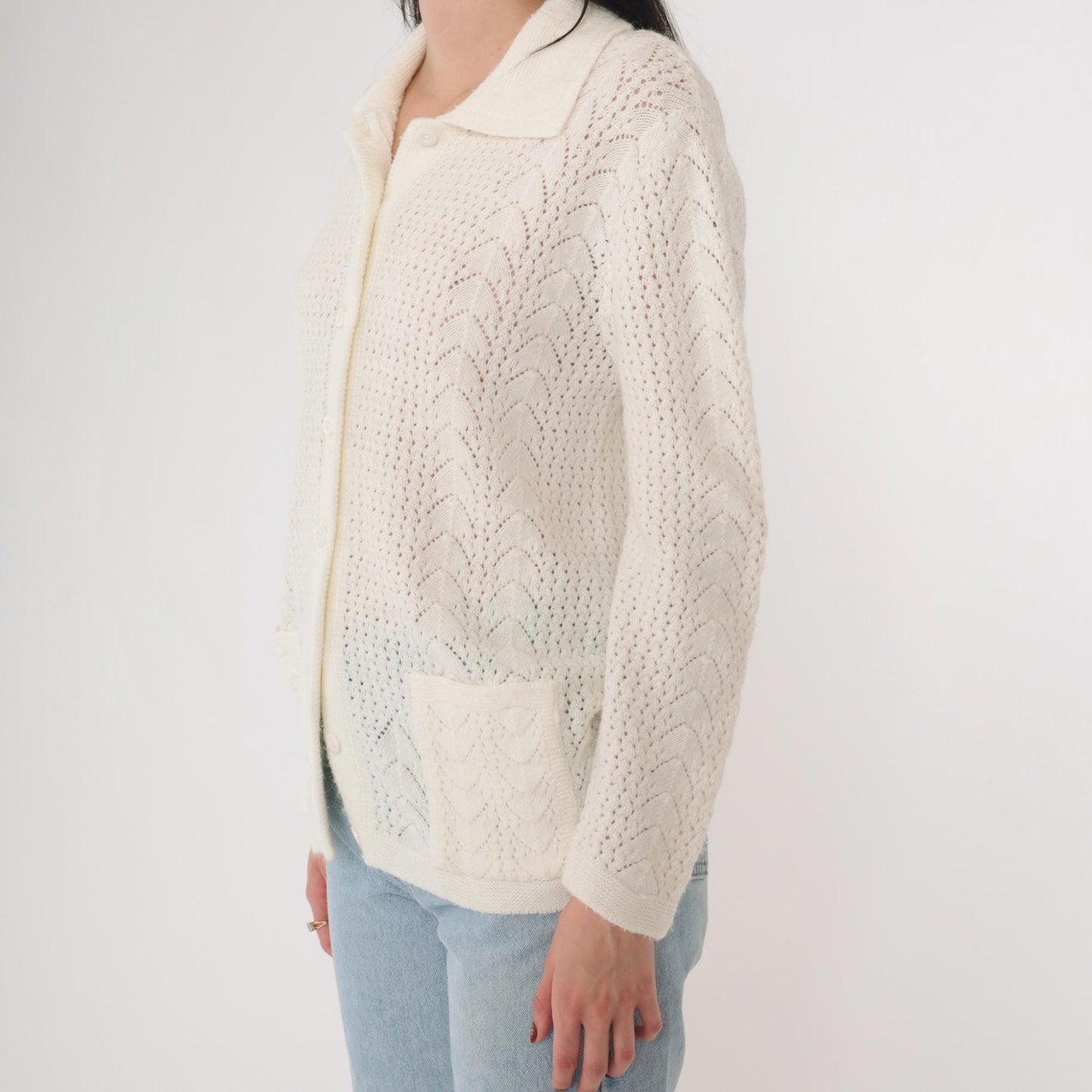 70s White Pointelle Open Weave Cardigan Button Up Knit Medium