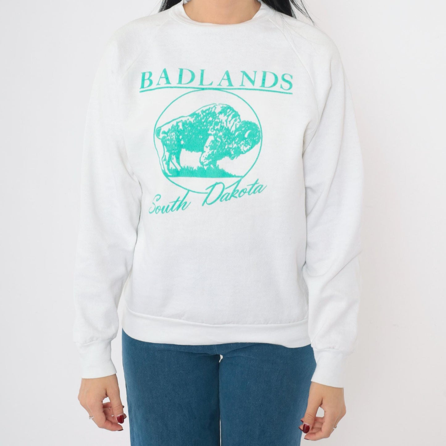 90s Badlands South Dakota Buffalo Sweatshirt White Crewneck Pullover Medium