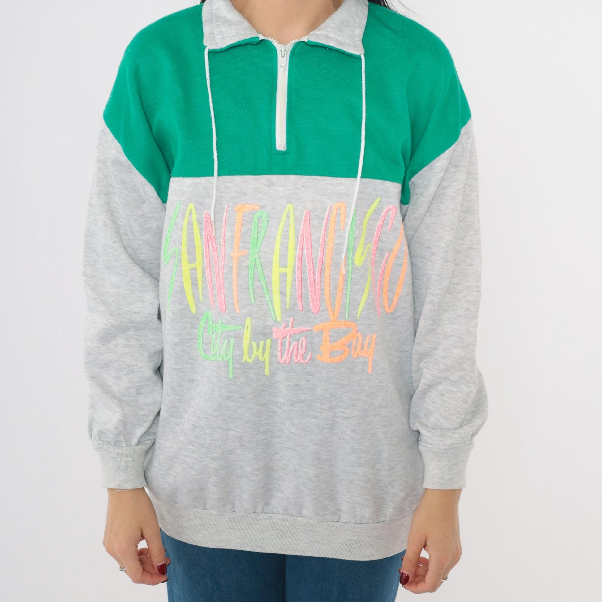 80s San Francisco Color Block Sweatshirt Half Zip Neon Graphic Medium Large