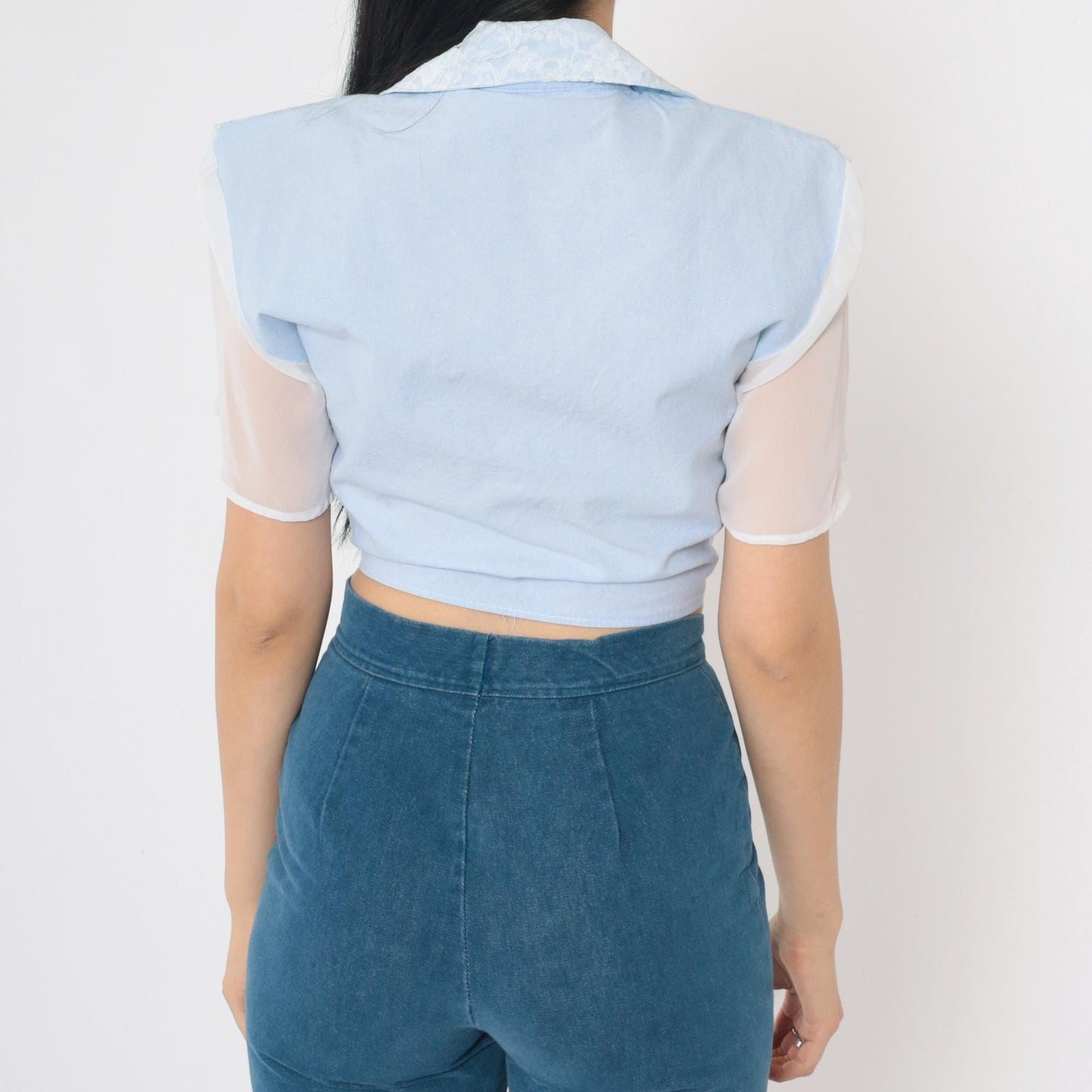 90s Baby Blue Polka Dot Striped Button Up Crop Top Chiffon Lace Small