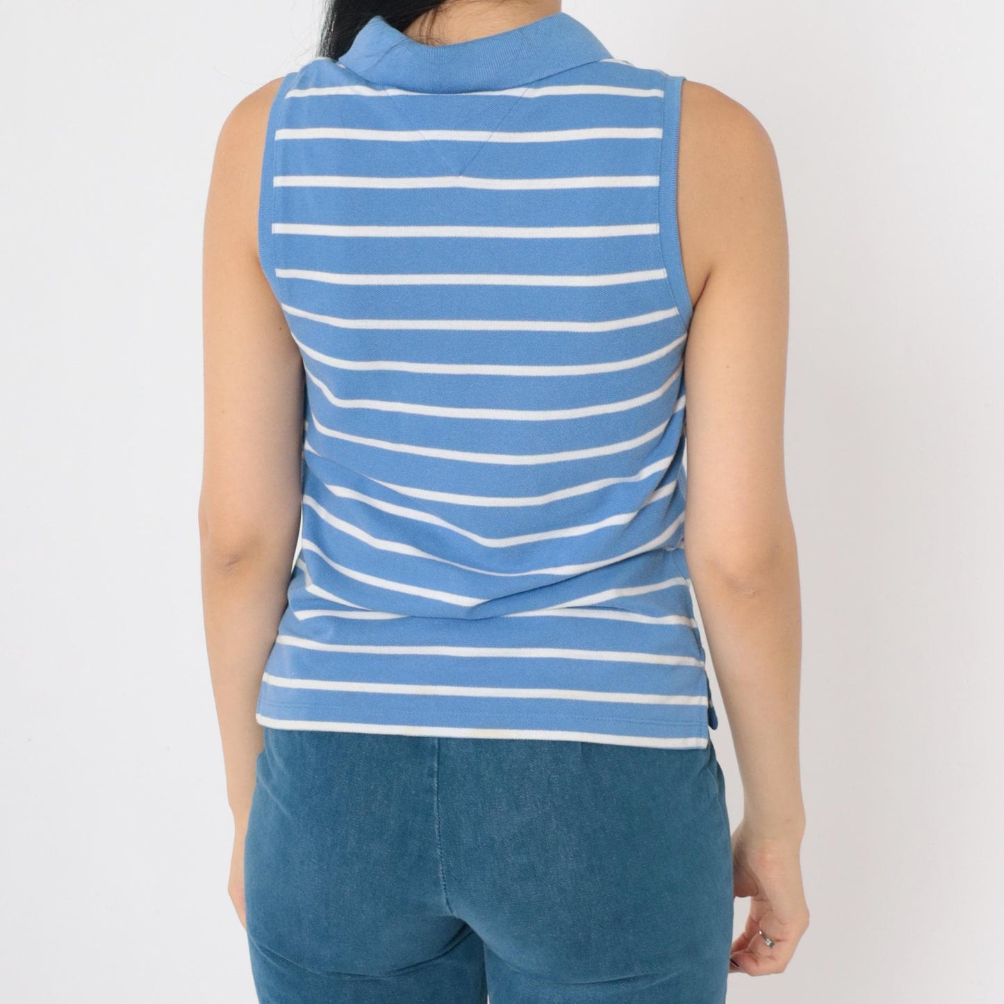 Y2K Tommy Jeans Striped Tank Top Blue White Collared V-Neck Small
