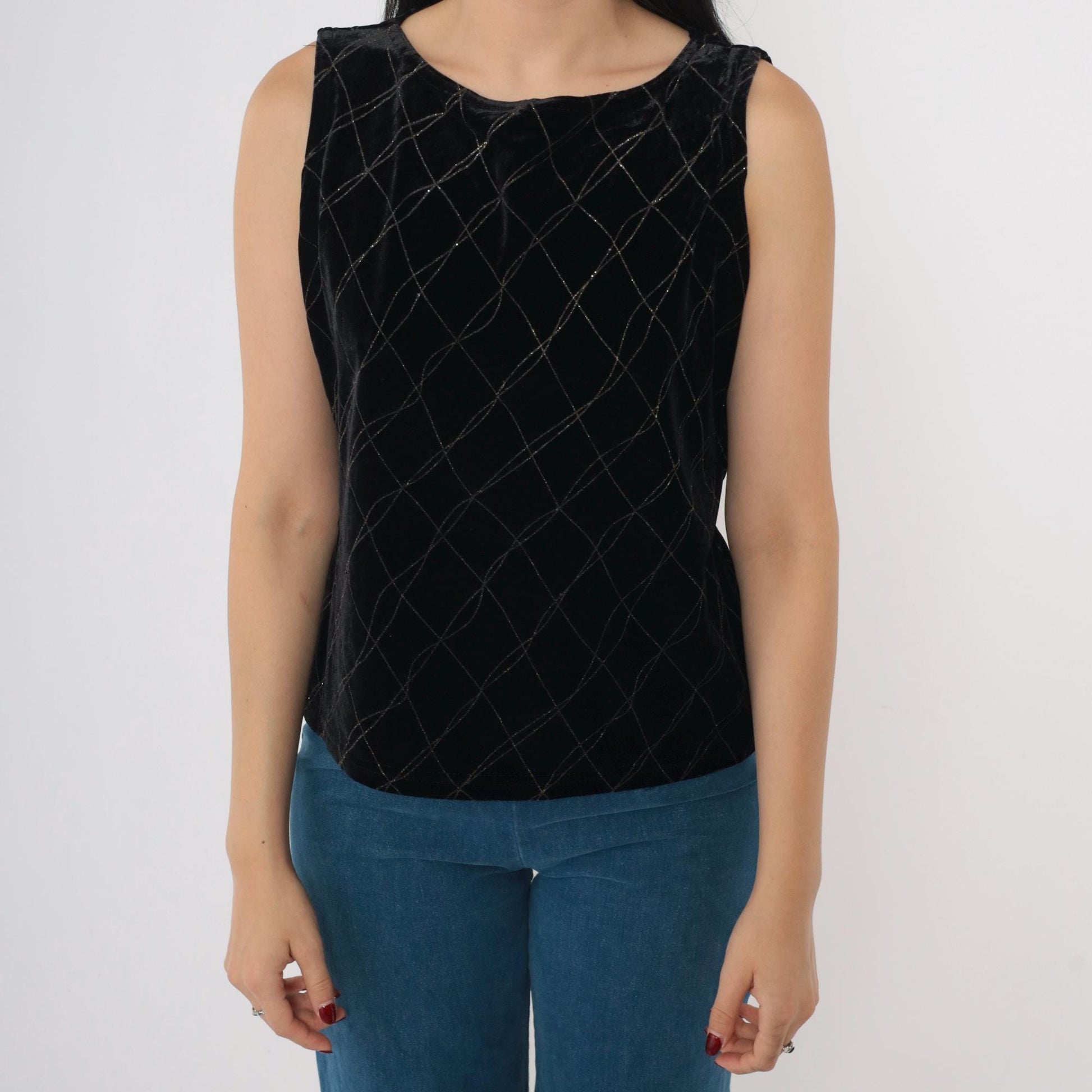 90s Black Velvet Tank Top Checkered Sparkly Glitter Sleeveless Small