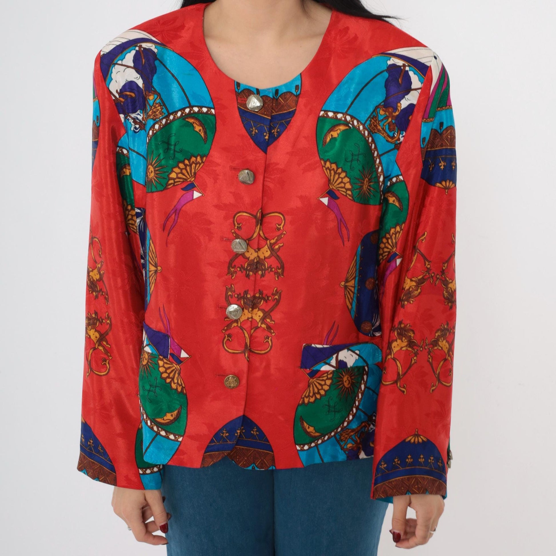 90s Hot Air Balloon Cherub Celestial Jacket Red Multicolor Button Up Medium