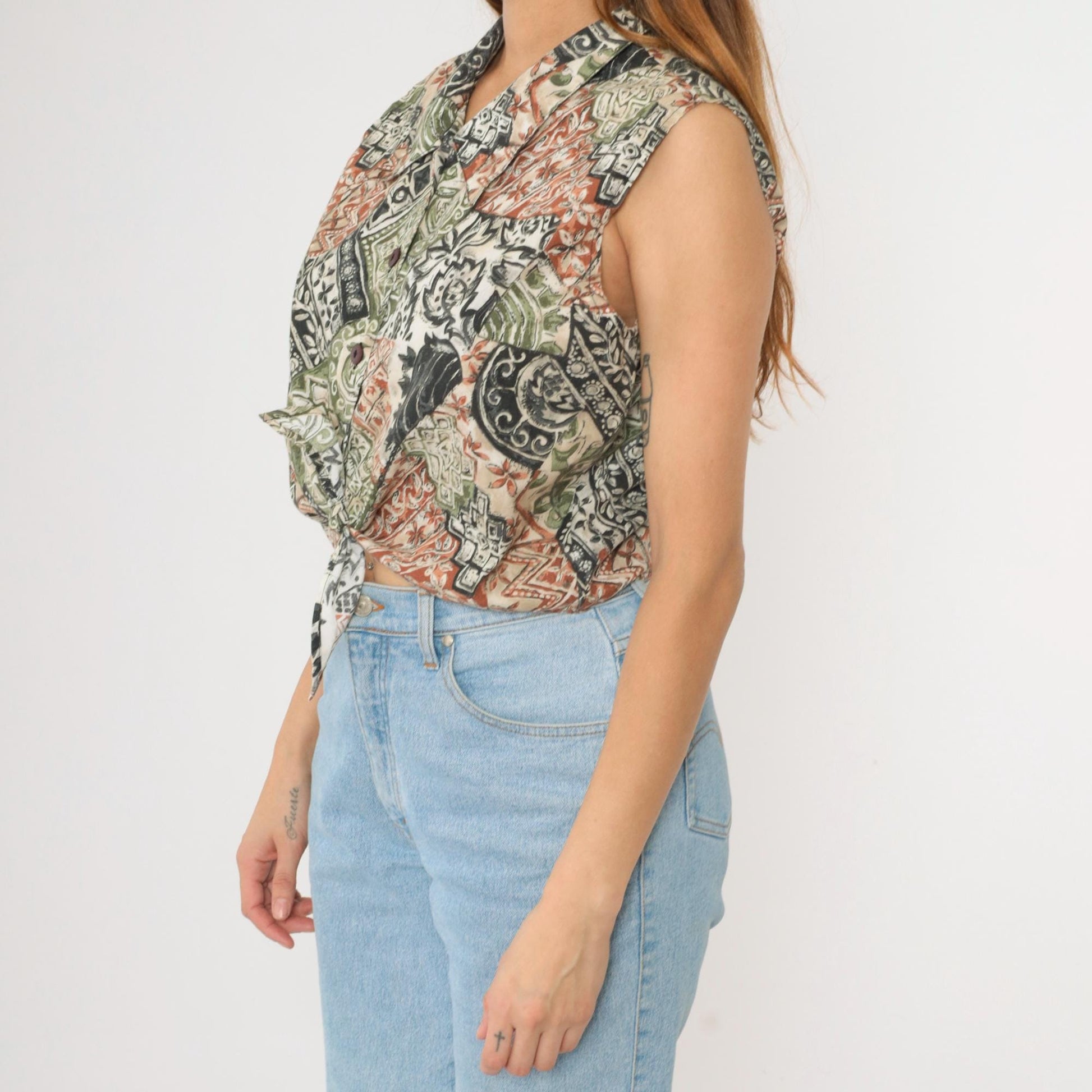 90s Bonjour Patchwork Floral Crop Top Sleeveless Button-Up Blouse Green Extra Large