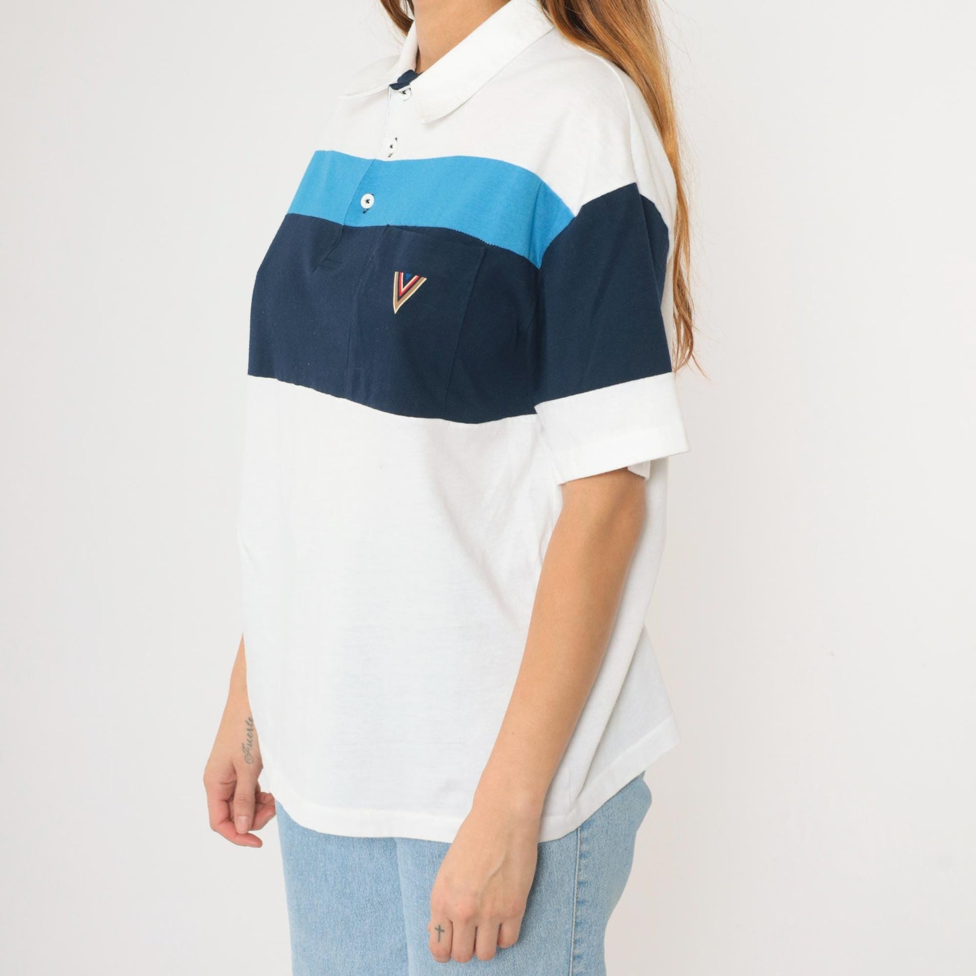 80s J. Blair Striped Polo Shirt White Navy Quarter Button Collared Large L