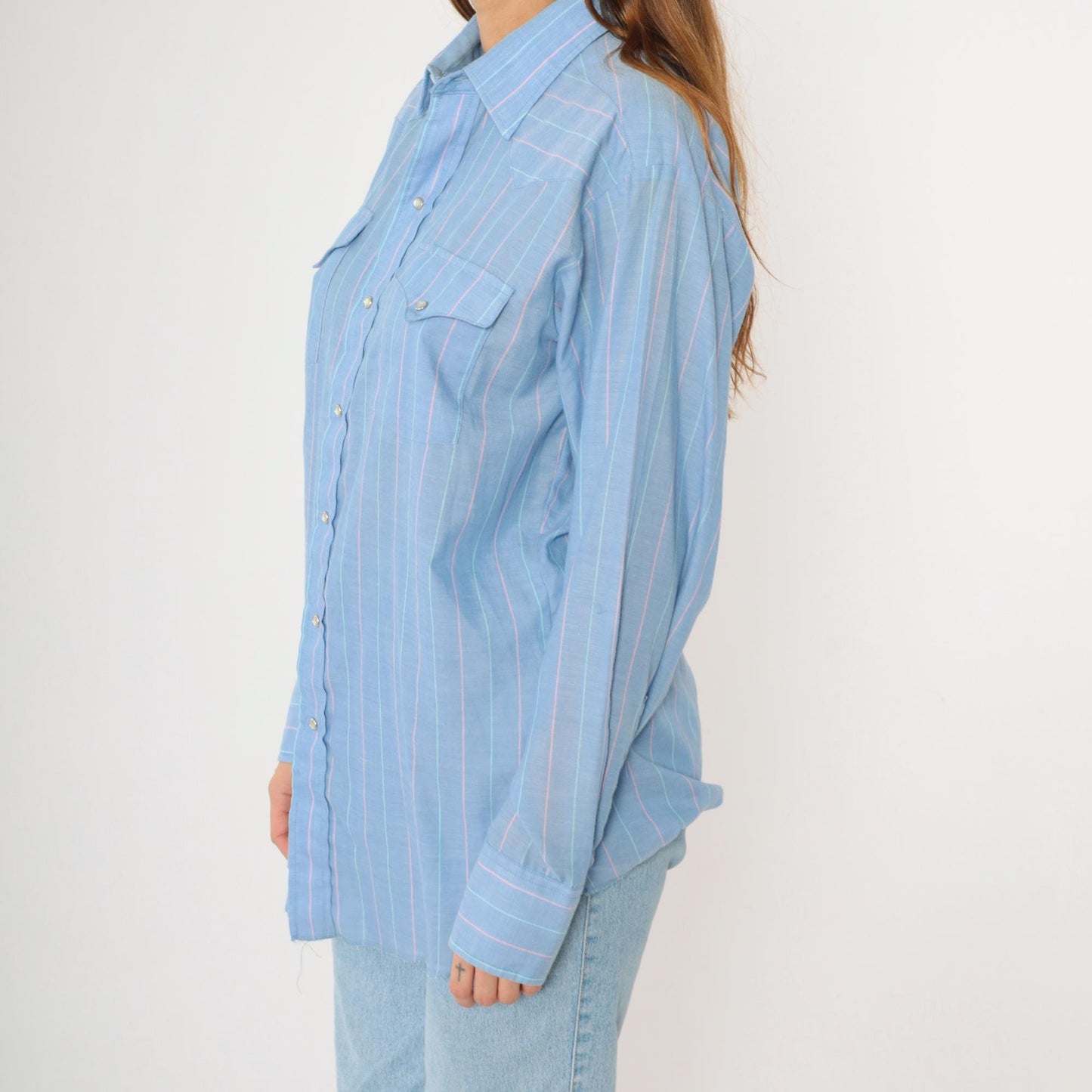 90s Panhandle Slim Western Shirt Blue Striped Pearl Snap Cowboy Large