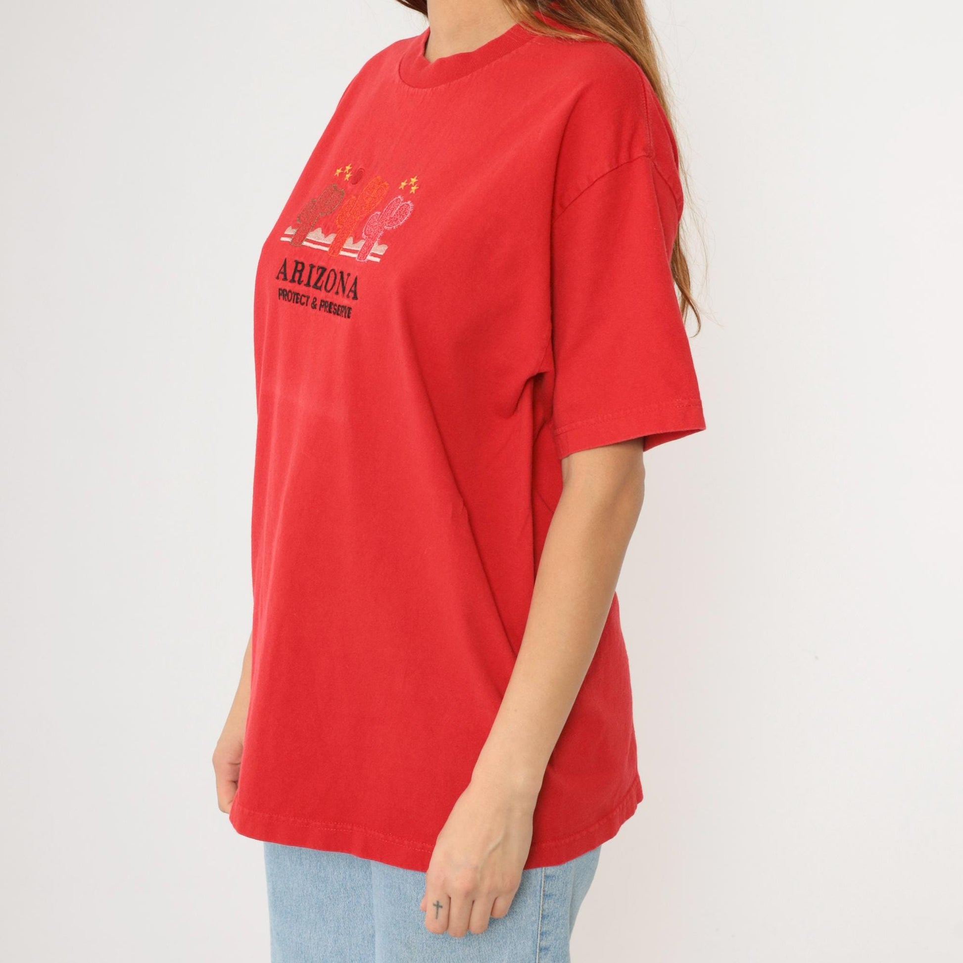 Y2K Arizona Cactus Embroidered T-Shirt Red Cotton Graphic Tee Large