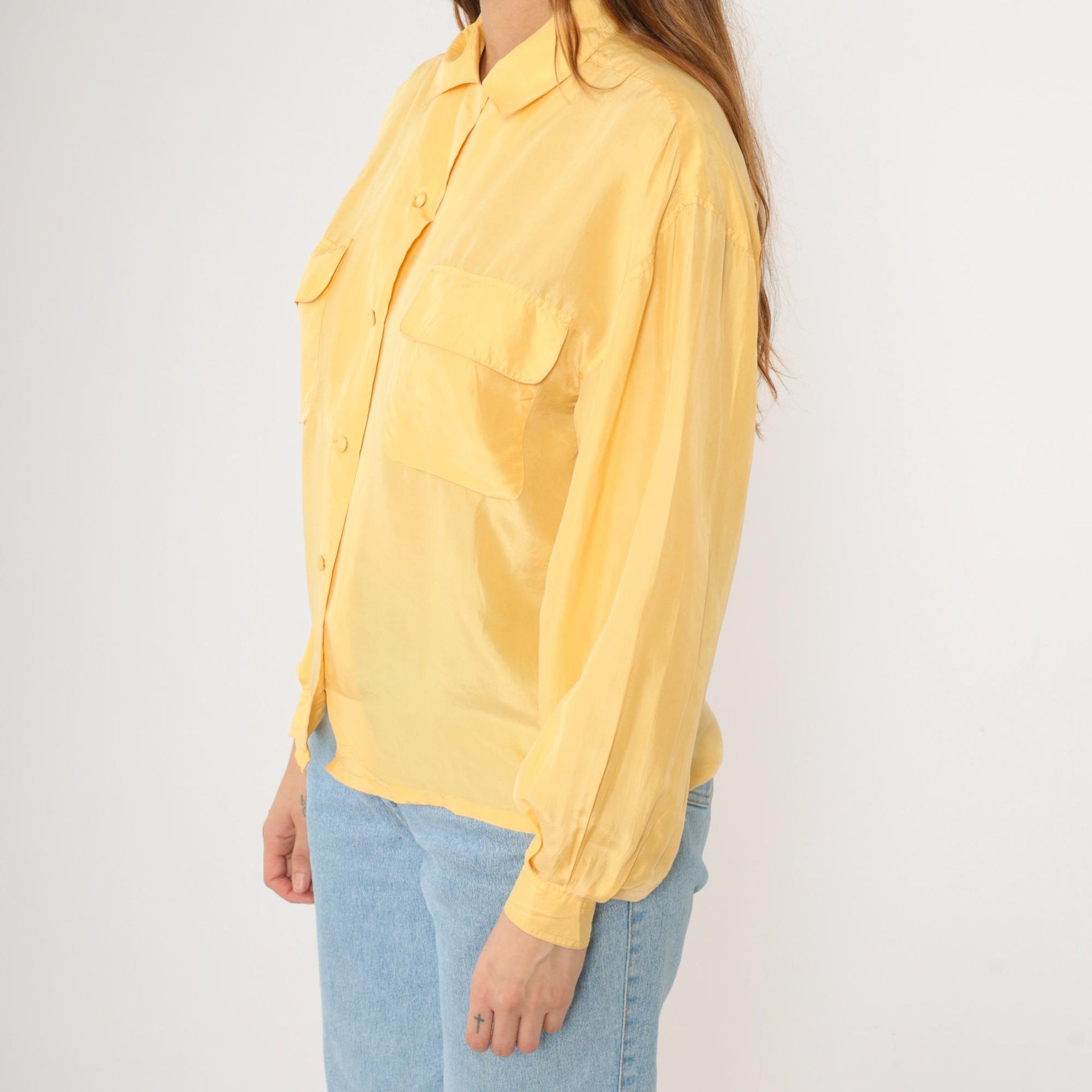 90s Ivy Club Classics Yellow Silk Button-Up Blouse Long Sleeve Small S