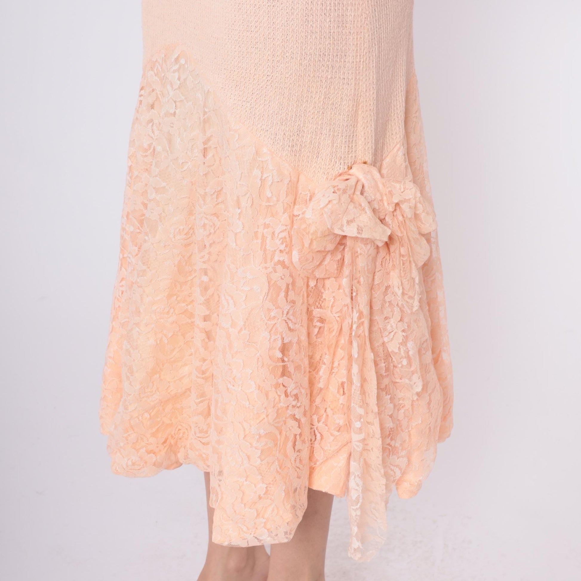 80s Peach Knit Midi Dress V-Neck Lace Mermaid Hem Long Sleeve Medium