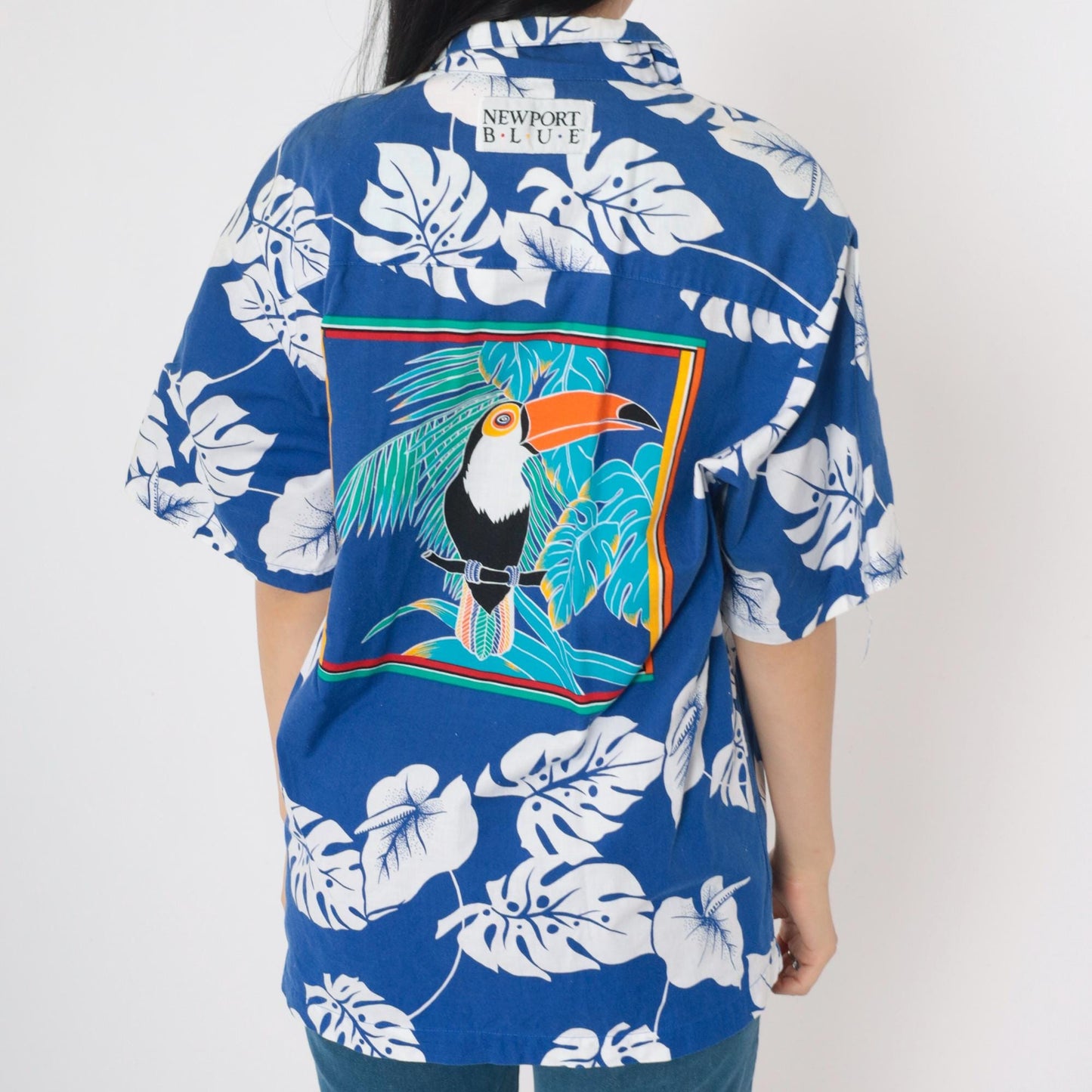 90s Newport Blue Hawaiian Shirt Toucan Monstera Tropical Floral Large L