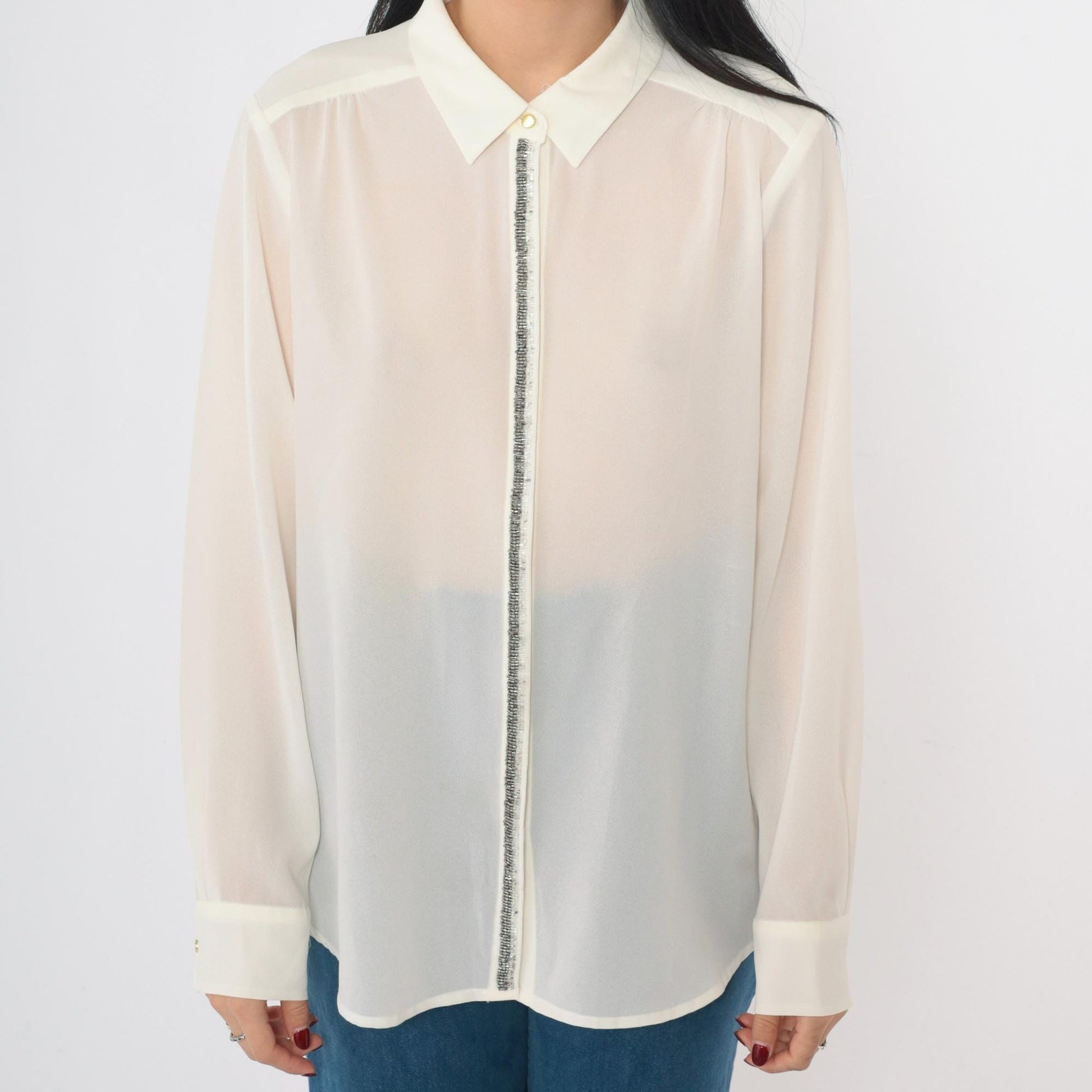 90s Liz Claiborne Beaded White Button-Up Blouse Long Sleeve Large