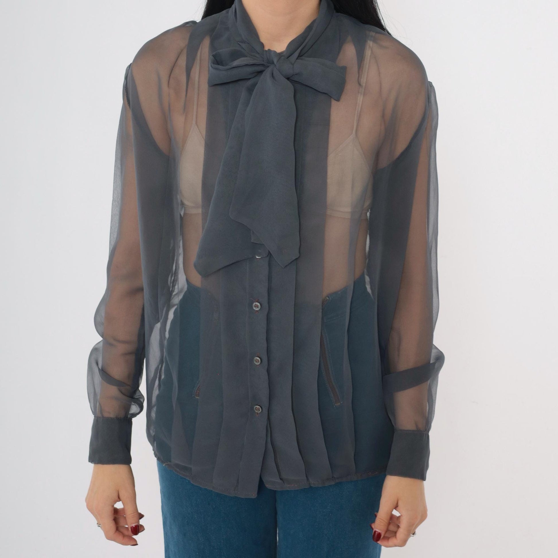 80s Maurice Antaya Sheer Chiffon Blouse Grey Ascot Bow Long Sleeve Medium