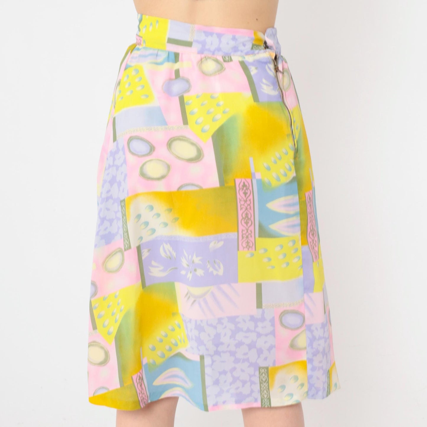 90s Abstract Geometric Midi Skirt Pastel Color Block High Waist Large L