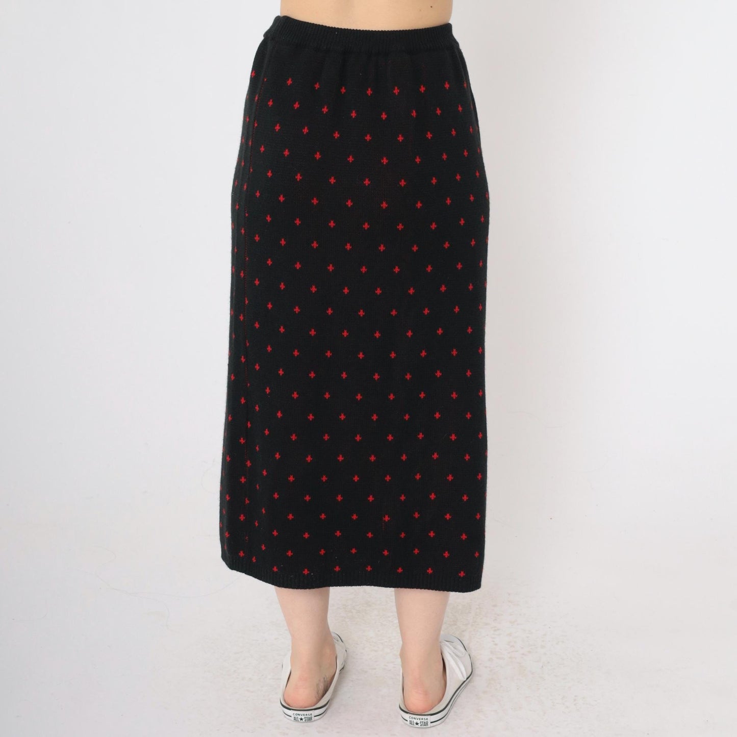 80s Khazana Black Knit Midi Skirt Red Geometric Print Elastic Waist Small