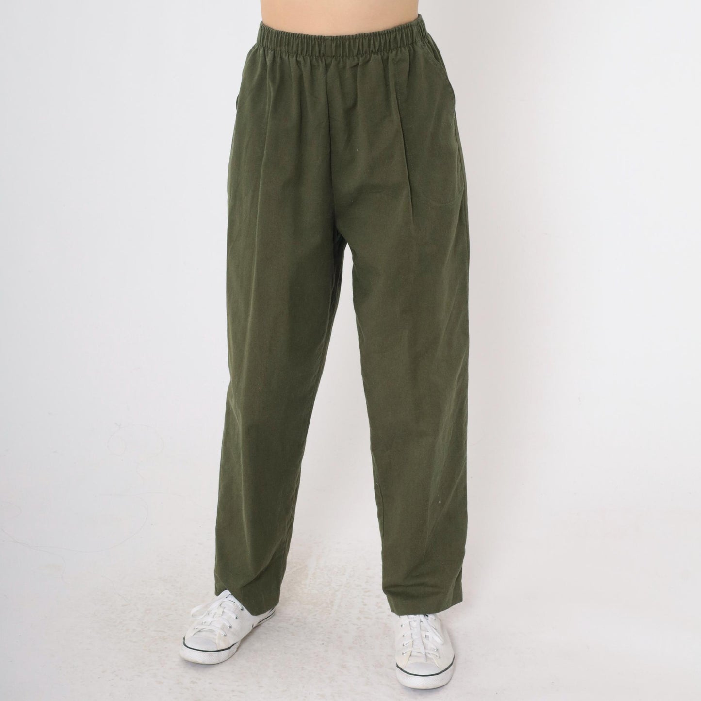 90s Olive Green High-Waist Straight Leg Pants Elastic Waist Small Petite