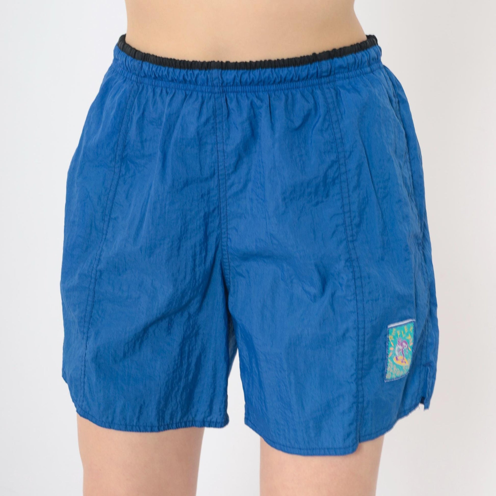90s Reflex Blue Nylon Swim Shorts Elastic Waist Surfer Patch Medium