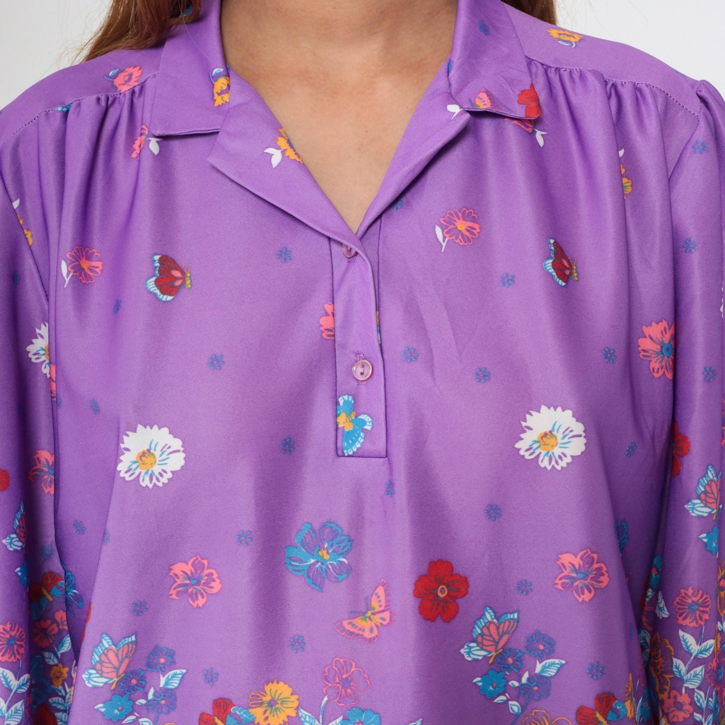 70s Penny Lou Floral Butterfly Blouse Purple Puff Sleeve Button Up Extra Large
