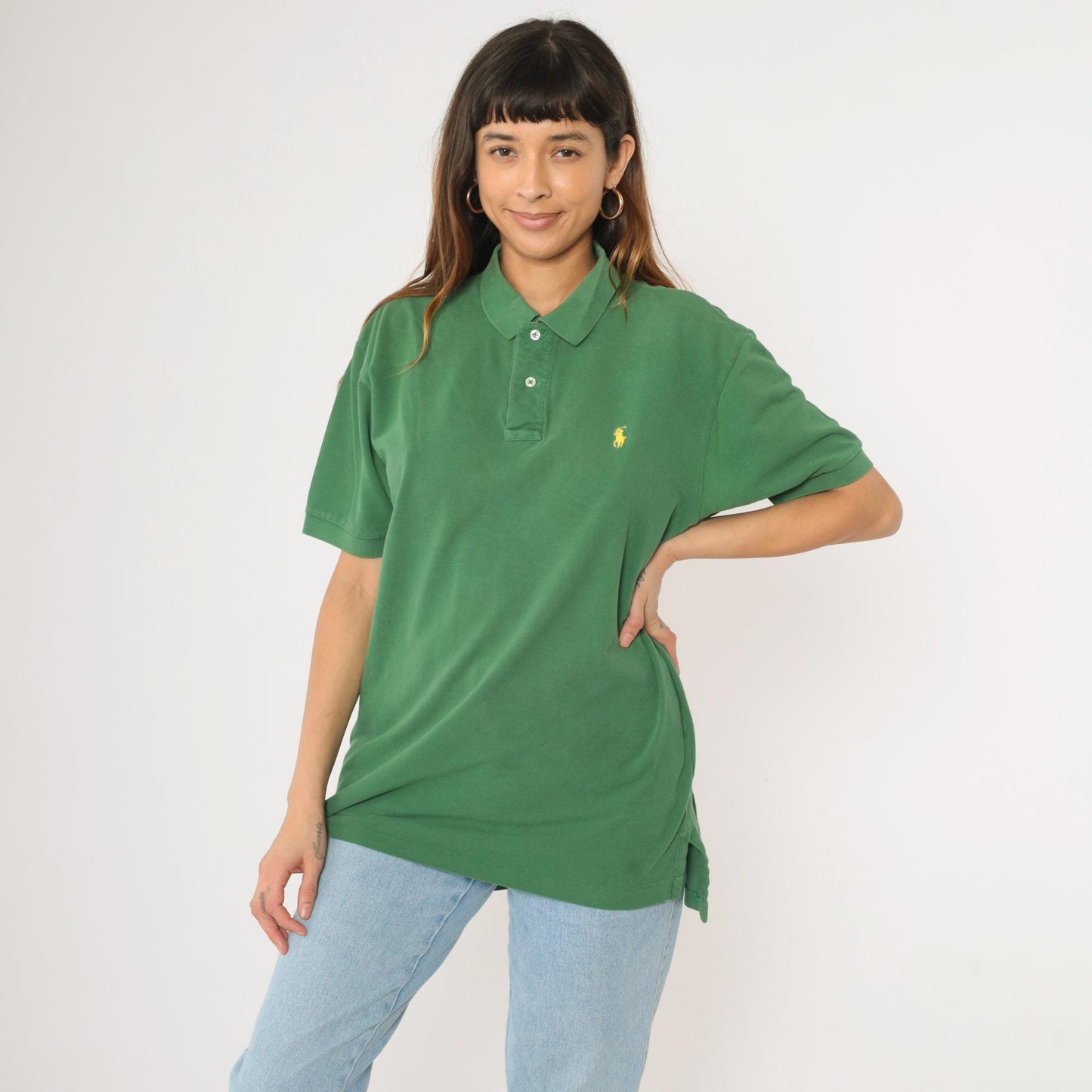 90s Ralph Lauren Polo Shirt Green Cotton Quarter-Button Collared Large L
