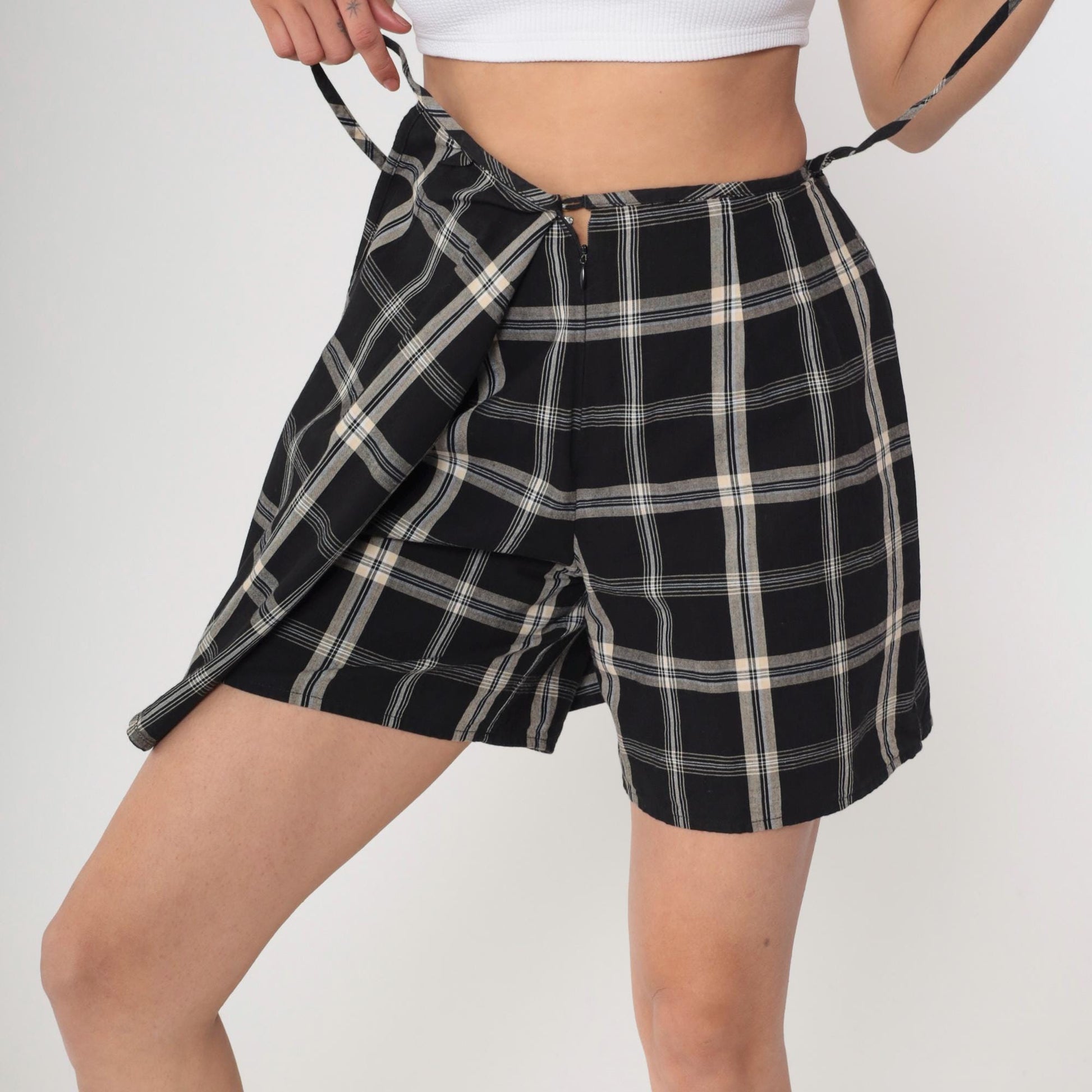 90s Black Checkered Wrap Skort High Waisted Plaid Mini Skirt Small 6
