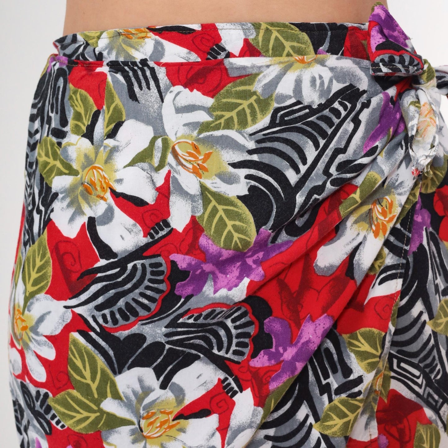 90s Tropical Floral Mini Skirt High Waist Faux Wrap Red Black White Small Medium