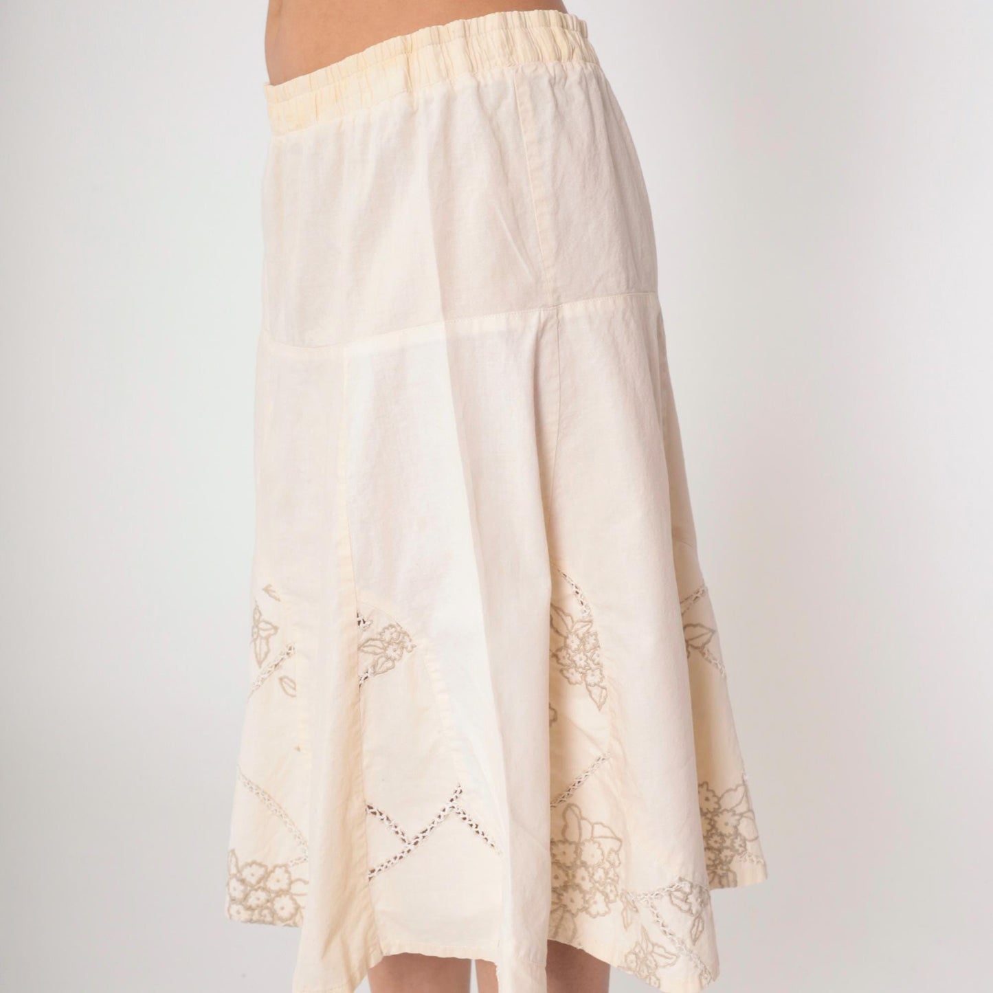 00s Floral Embroidered Cream A-Line Midi Skirt Elastic Waist Large L