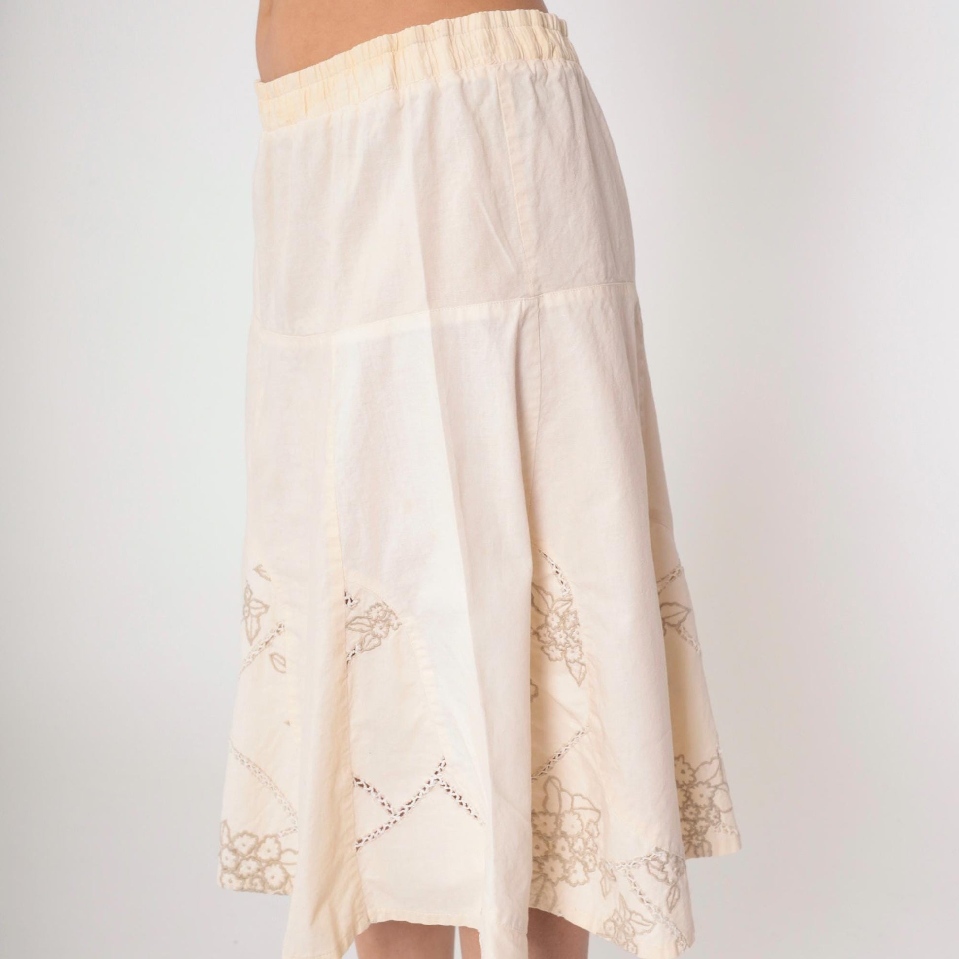 00s Floral Embroidered Cream A-Line Midi Skirt Elastic Waist Large L