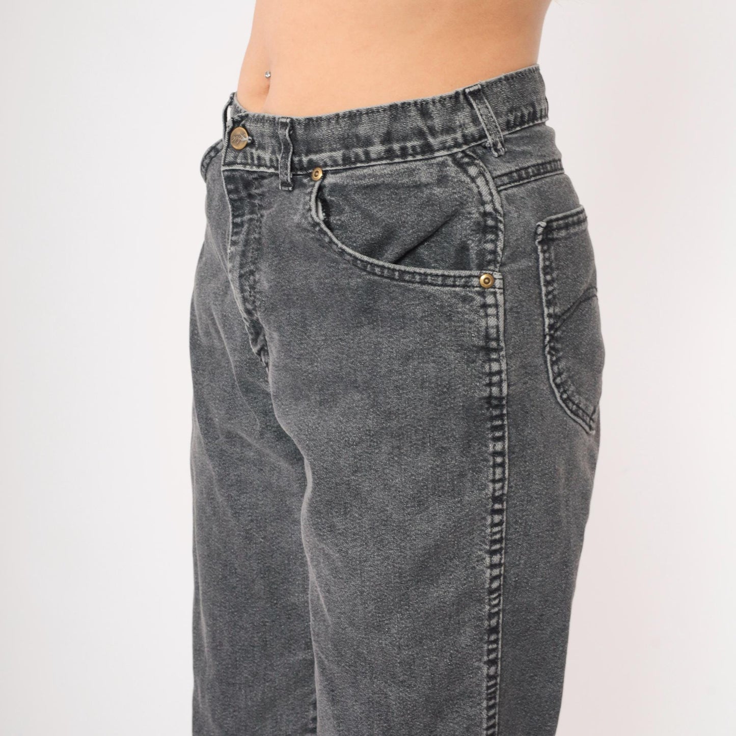 90s Chic High Waisted Tapered Jeans Faded Black Denim Large