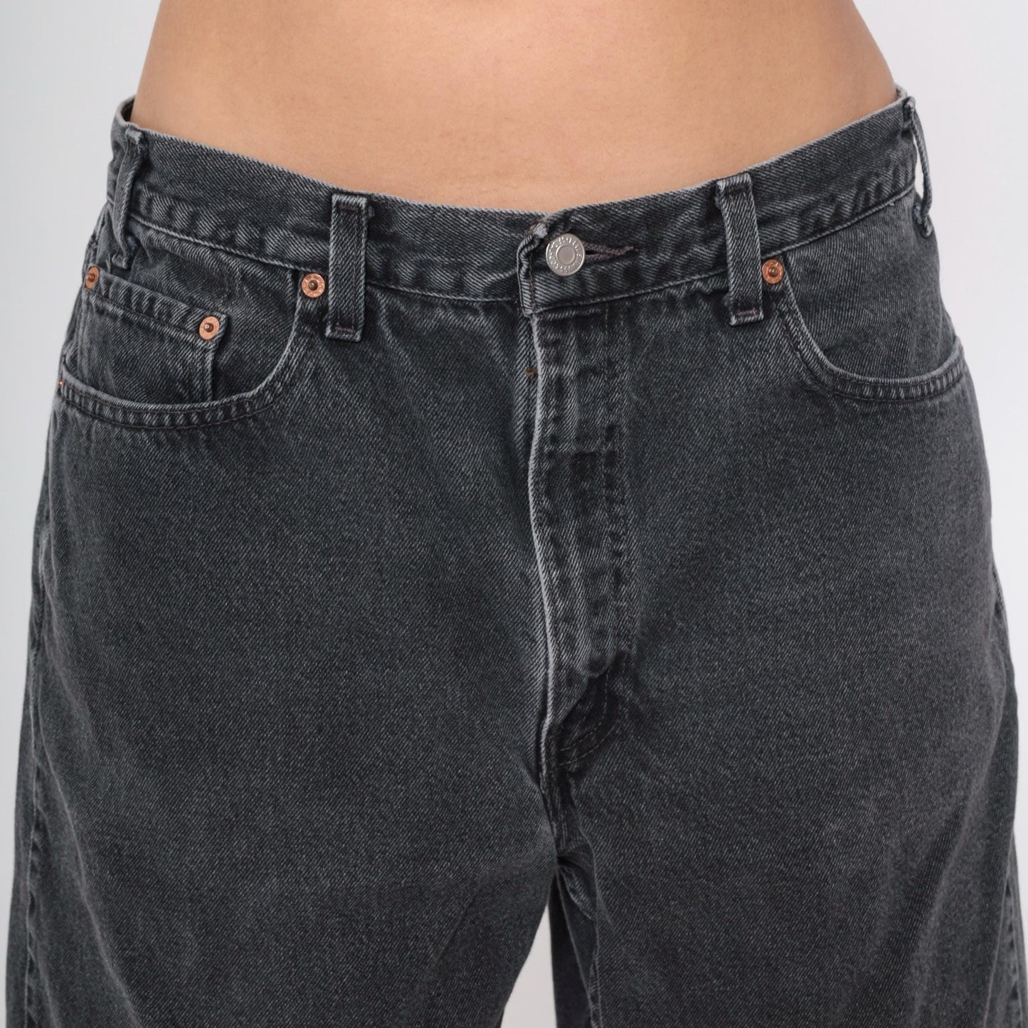 90s Levi's 550 Black Denim Shorts High Waist Knee Length Men's 38