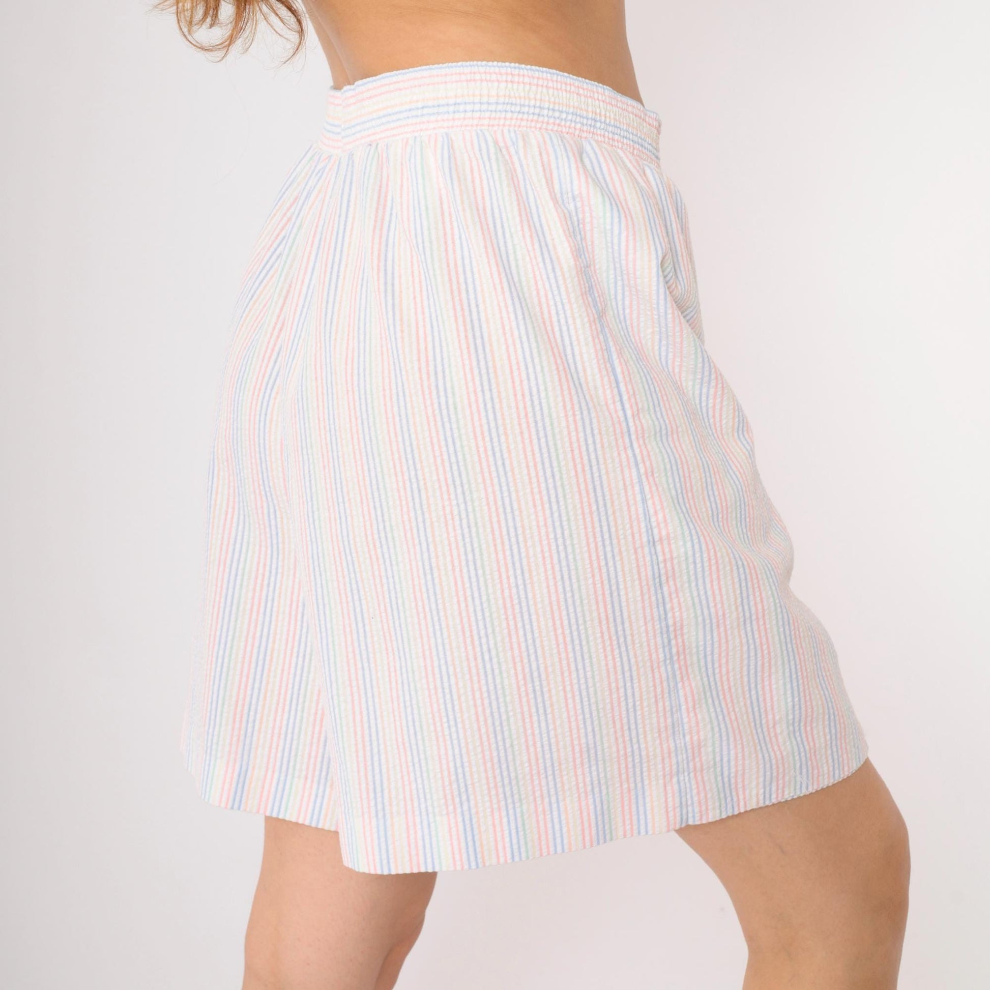 80s Seersucker Striped Skort White Rainbow Pastel High Waist Mini Medium